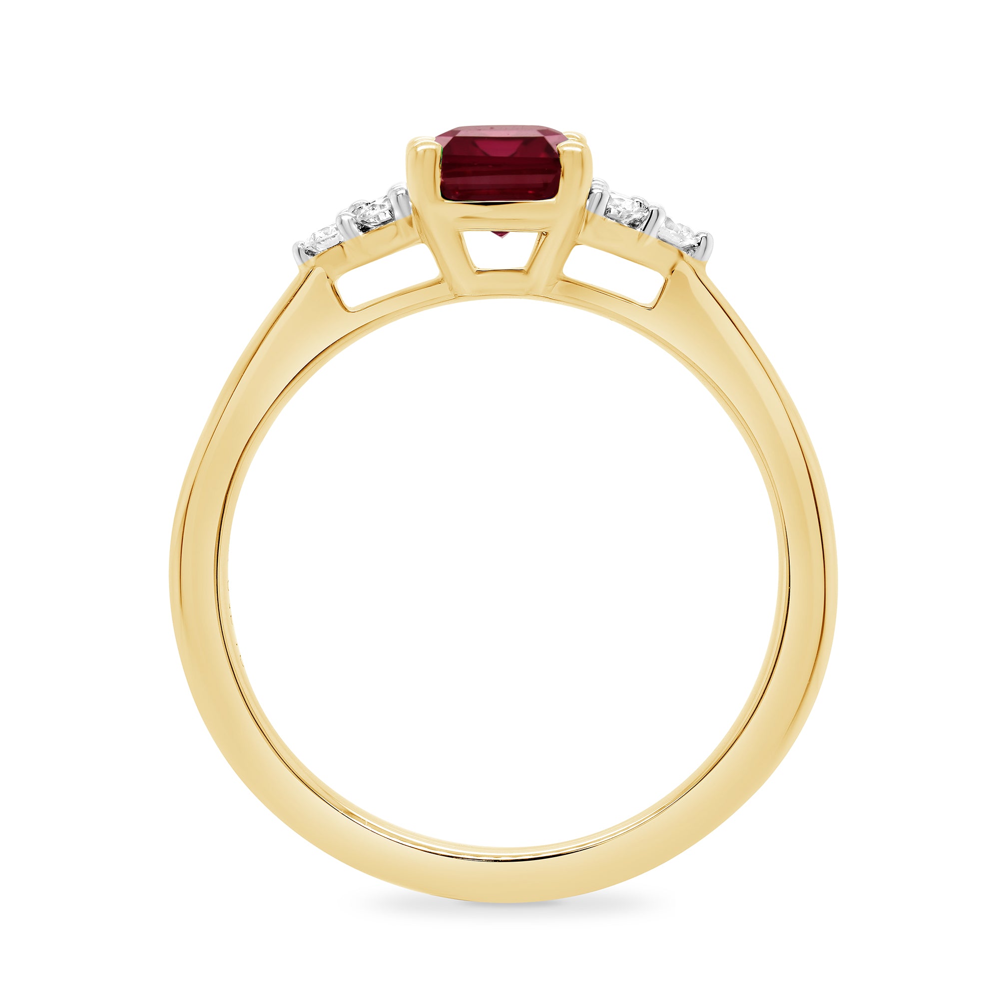 9ct gold 8x6 octagonal lab created ruby & 3 E/VS diamonds each side ring 0.15cts LG