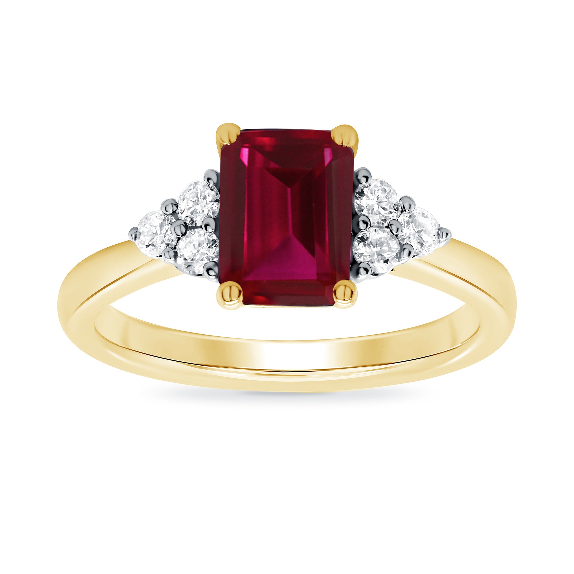 9ct gold 8x6 octagonal lab created ruby & 3 E/VS diamonds each side ring 0.15cts LG
