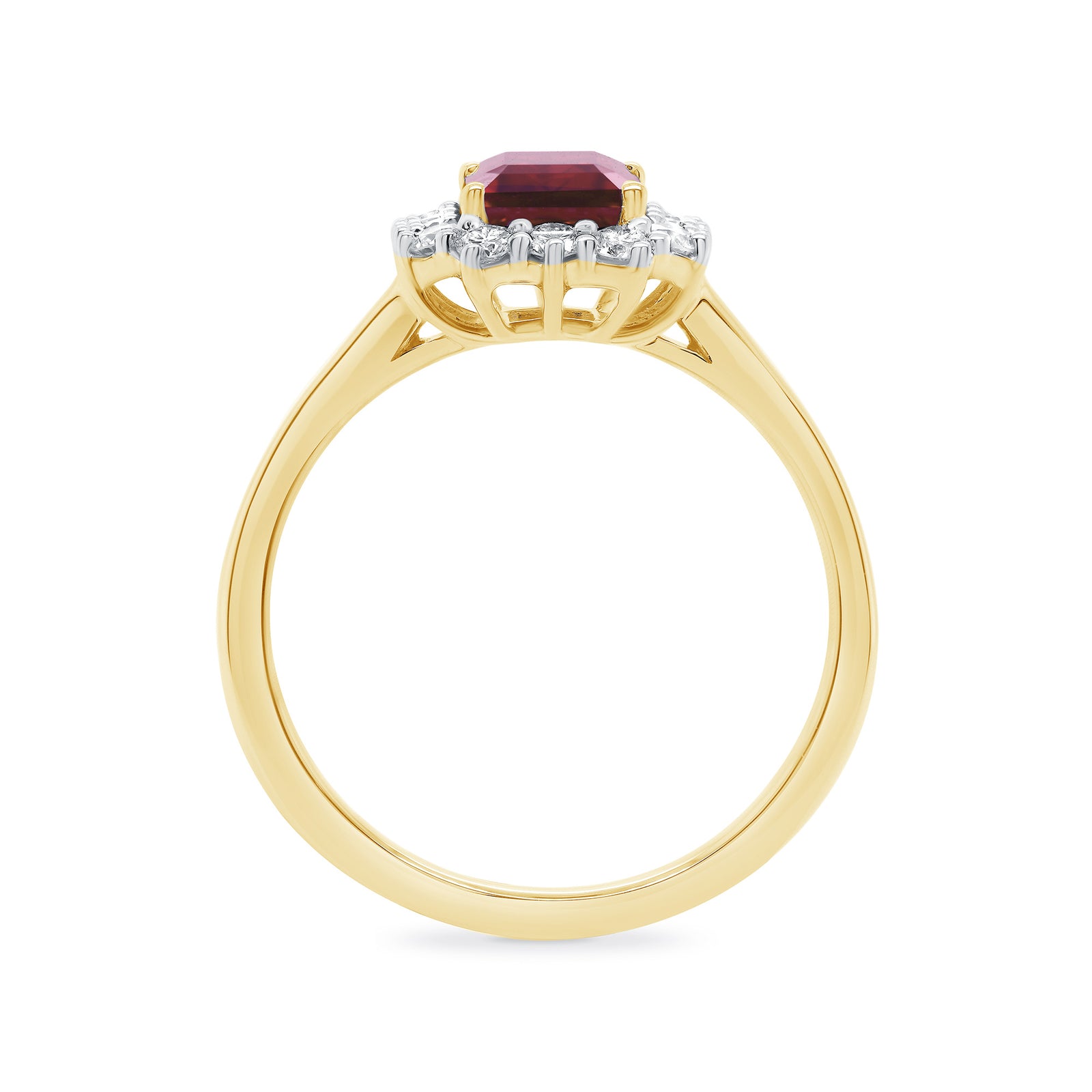 9ct gold 8x6 octagonal lab created ruby & E/VS diamond cluster ring 0.40cts LG