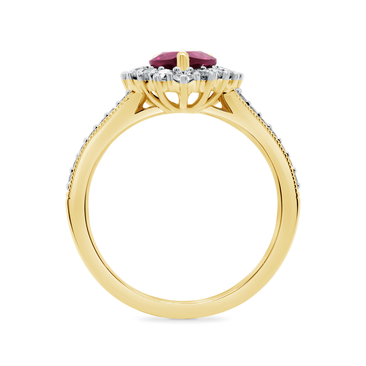 9ct gold 7x5 pear lab created ruby & E/VS diamond shoulders cluster ring 0.50cts LG