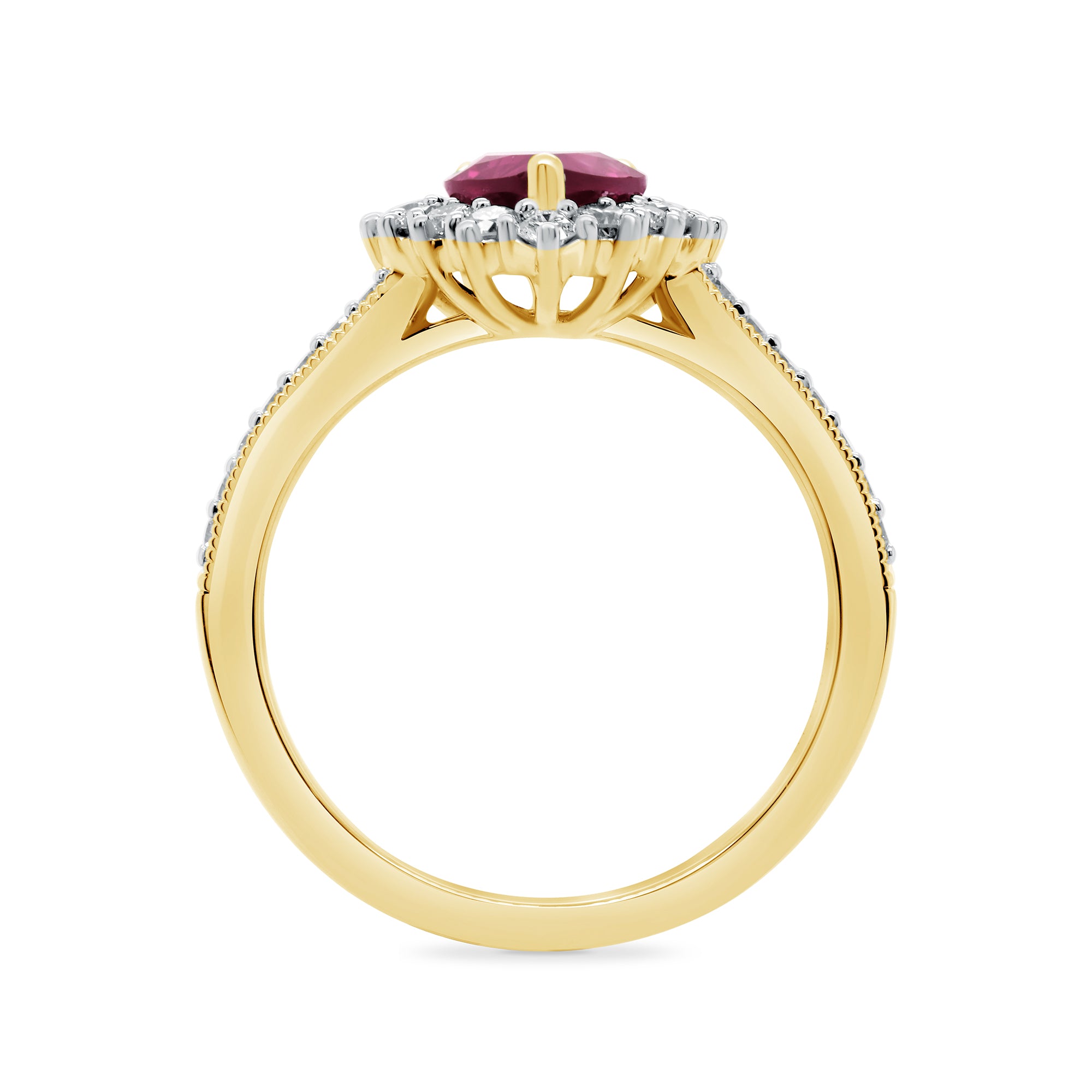 9ct gold 7x5 pear lab created ruby & E/VS diamond shoulders cluster ring 0.50cts LG