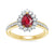 9ct gold 7x5 pear lab created ruby & E/VS diamond shoulders cluster ring 0.50cts LG