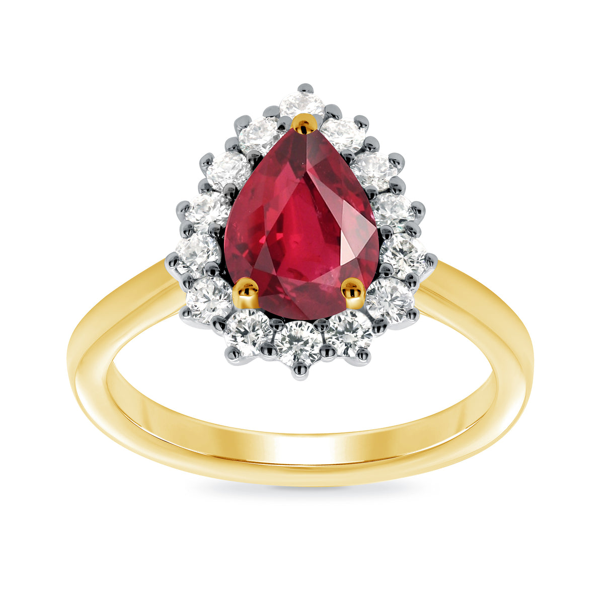 9ct gold 8x6 pear lab created ruby &amp; E/VS diamond cluster ring 0.36cts LG
