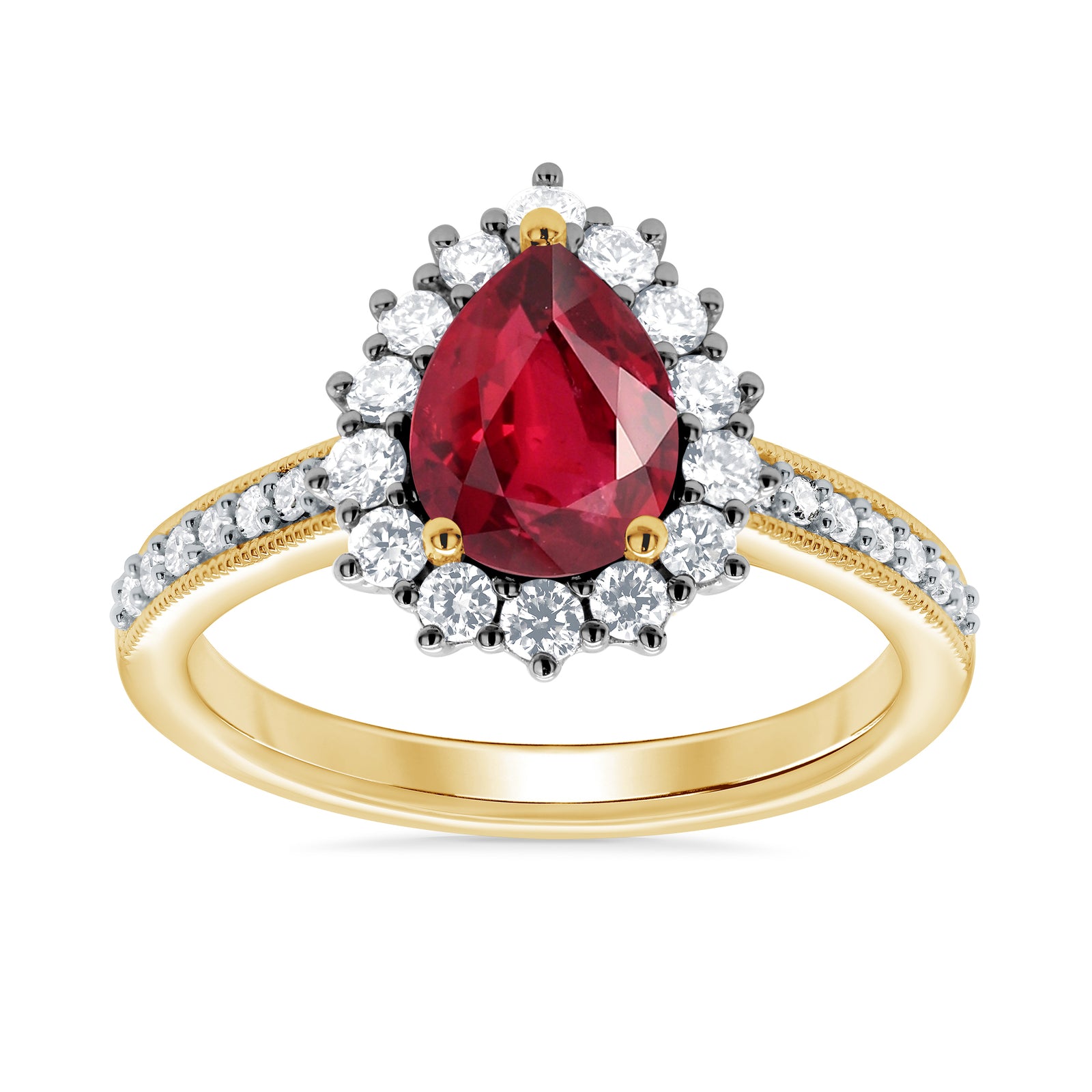 9ct gold 8x6 pear lab created ruby & E/VS diamond shoulders cluster ring 0.50cts LG