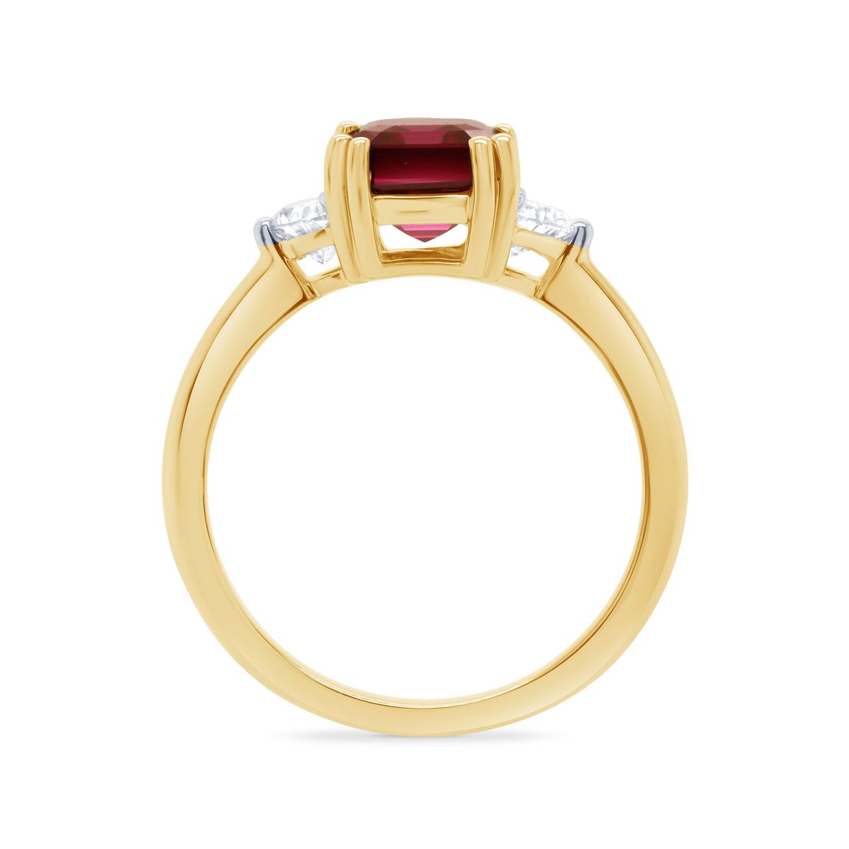 9ct gold 8.5 x 6.3mm octagonal lab created ruby & E/VS half moon diamonds ring 0.60cts LG