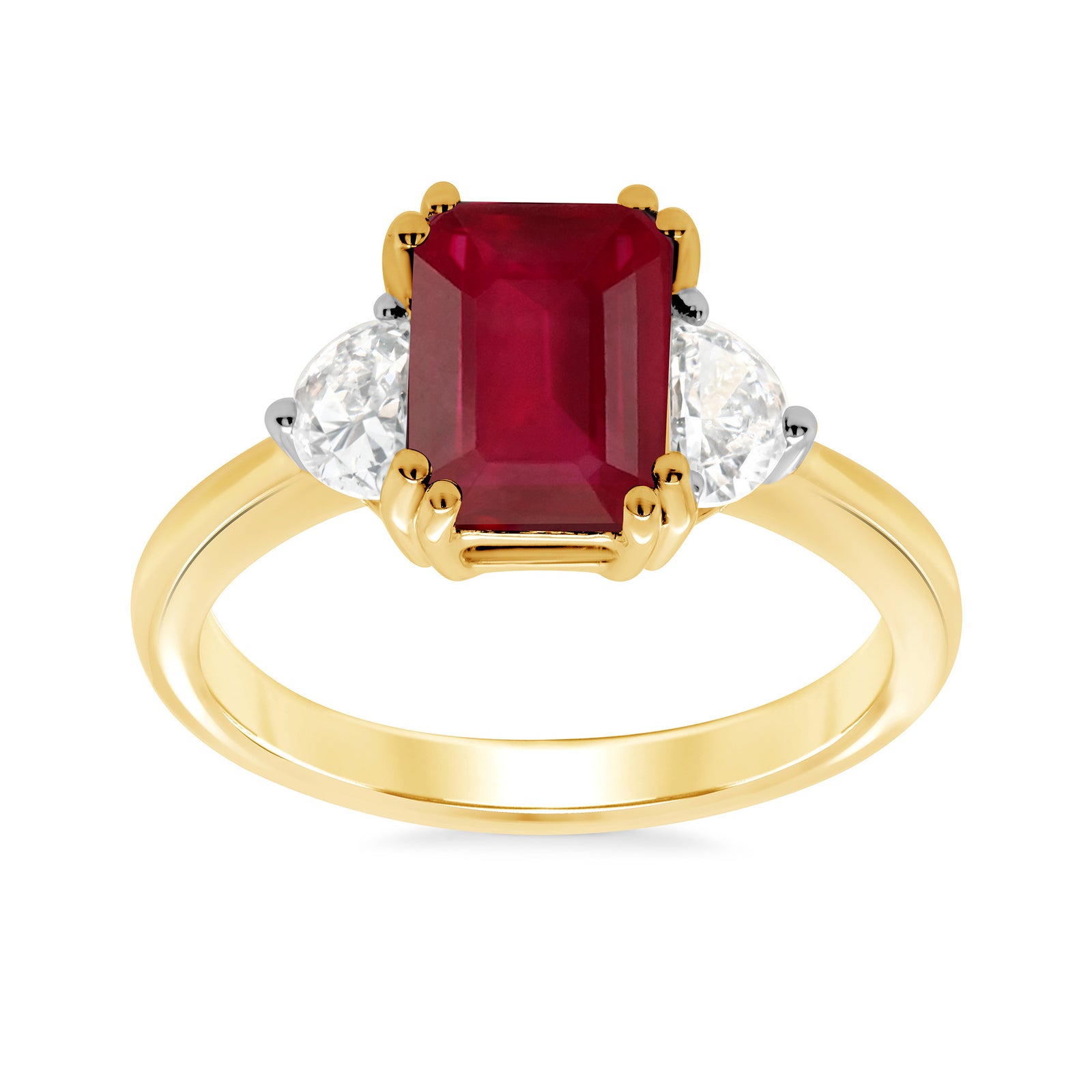 9ct gold 8.5 x 6.3mm octagonal lab created ruby & E/VS half moon diamonds ring 0.60cts LG