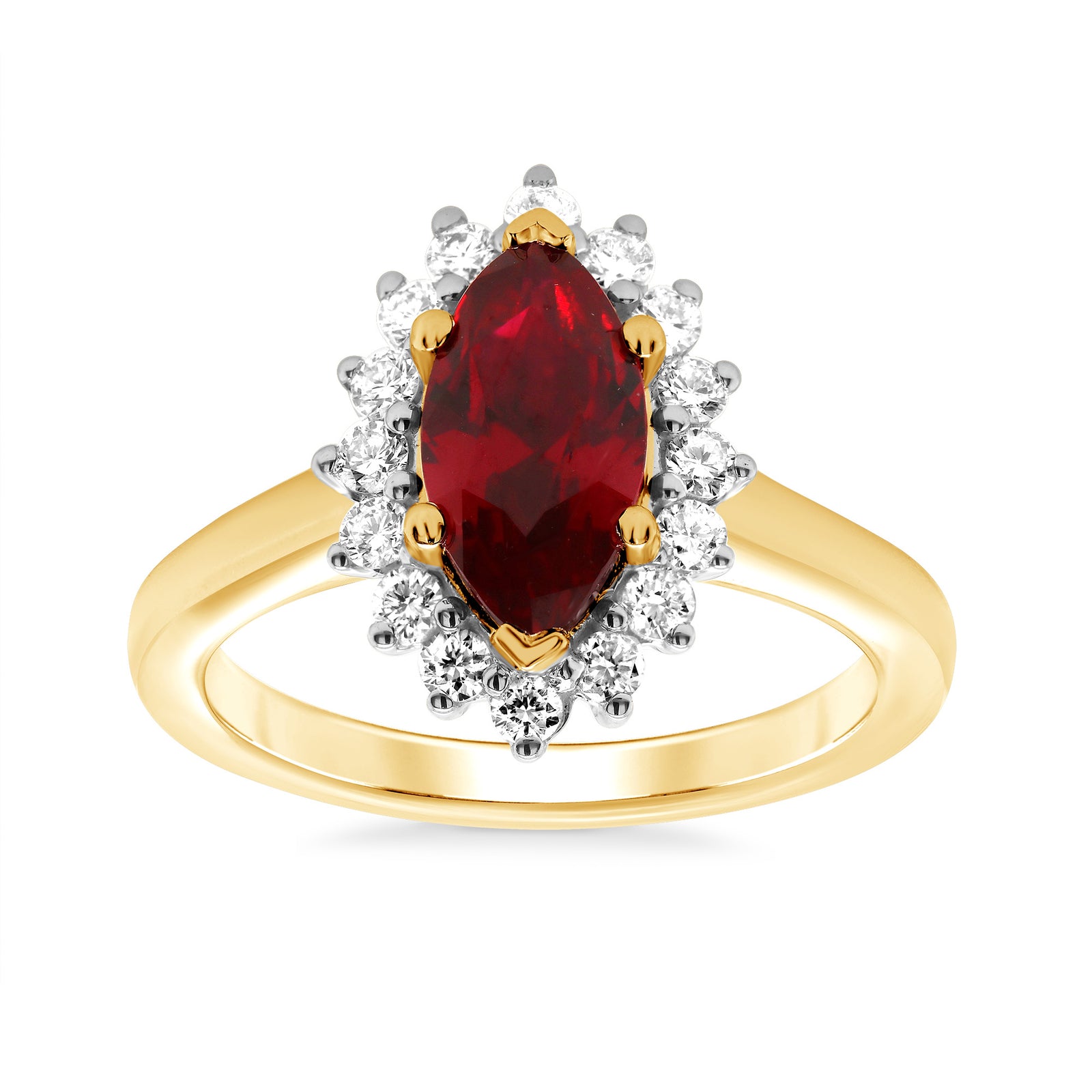 9ct gold 11x6 marquise lab created ruby & E/VS diamonds ring 0.40cts LG