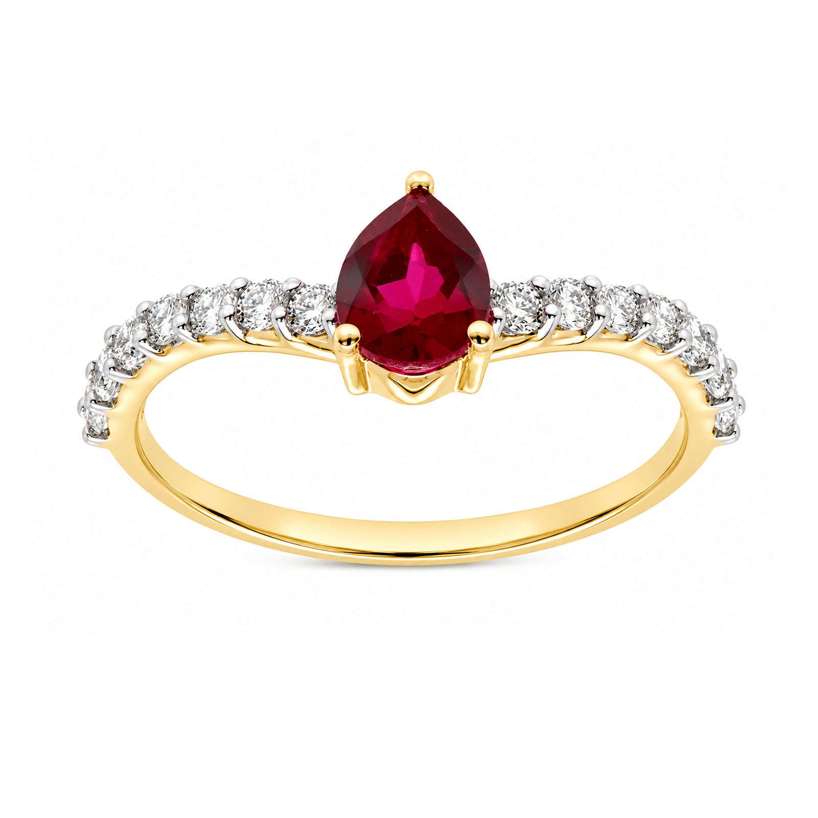 9ct gold 7x5mm pear lab grown ruby & E/VS diamond ring 0.45cts