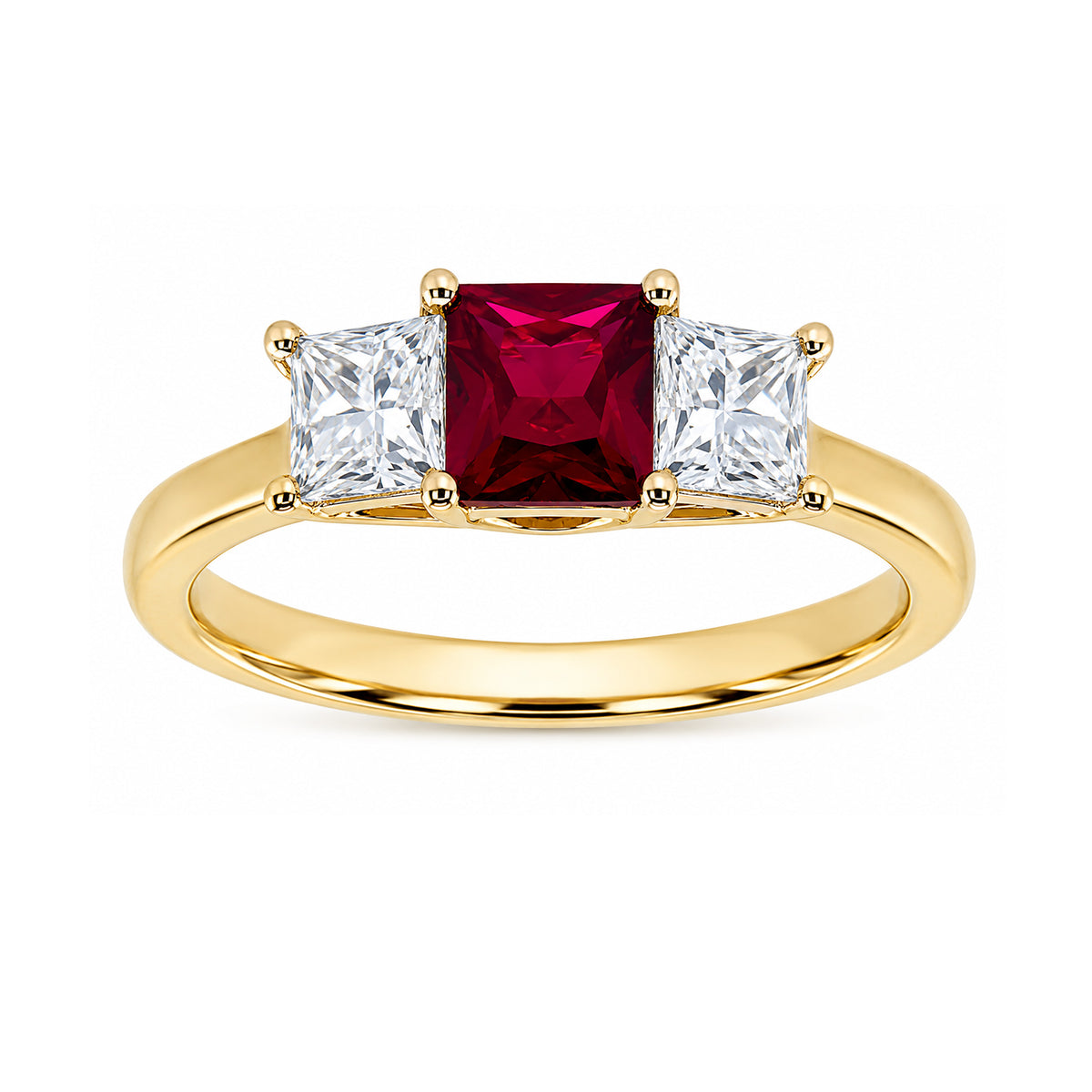 9ct gold 5mm square lab grown ruby &amp; E/VS diamond ring 0.35cts