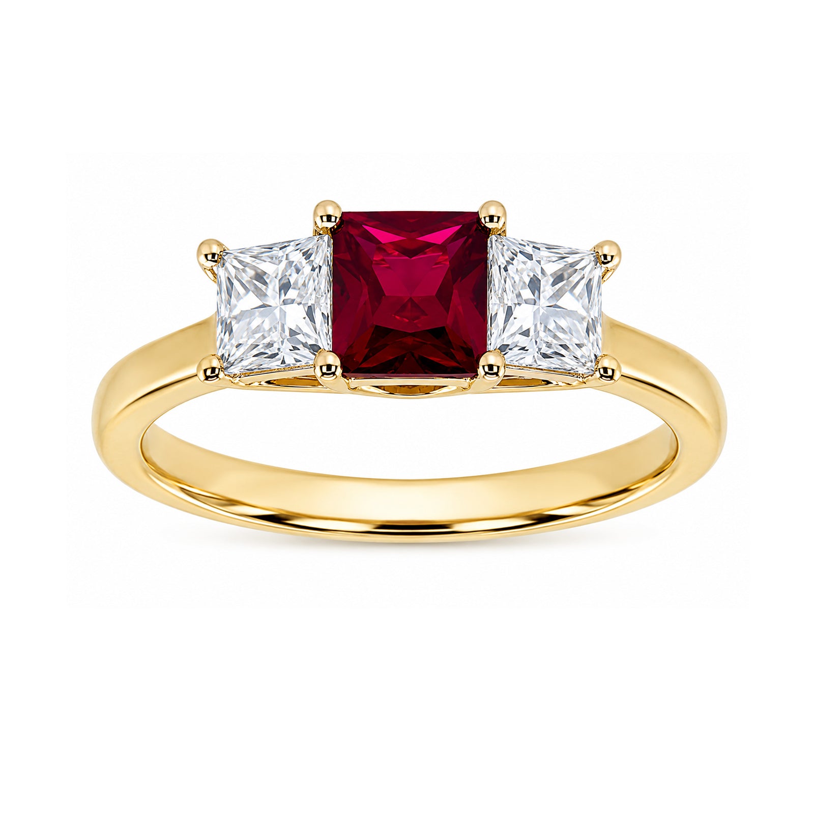 9ct gold 5mm square lab grown ruby & E/VS diamond ring 0.35cts
