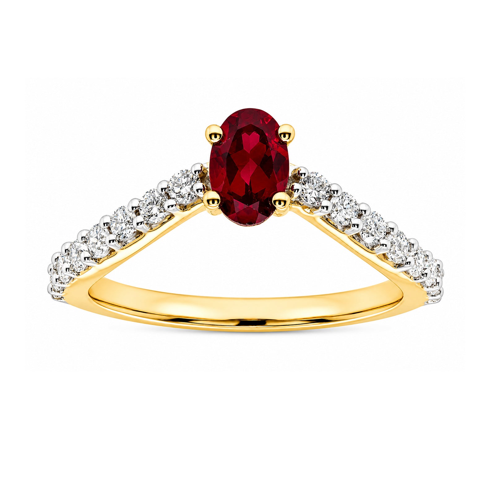 9ct gold 6x4mm oval lab grown ruby & E/VS diamond ring 0.40cts