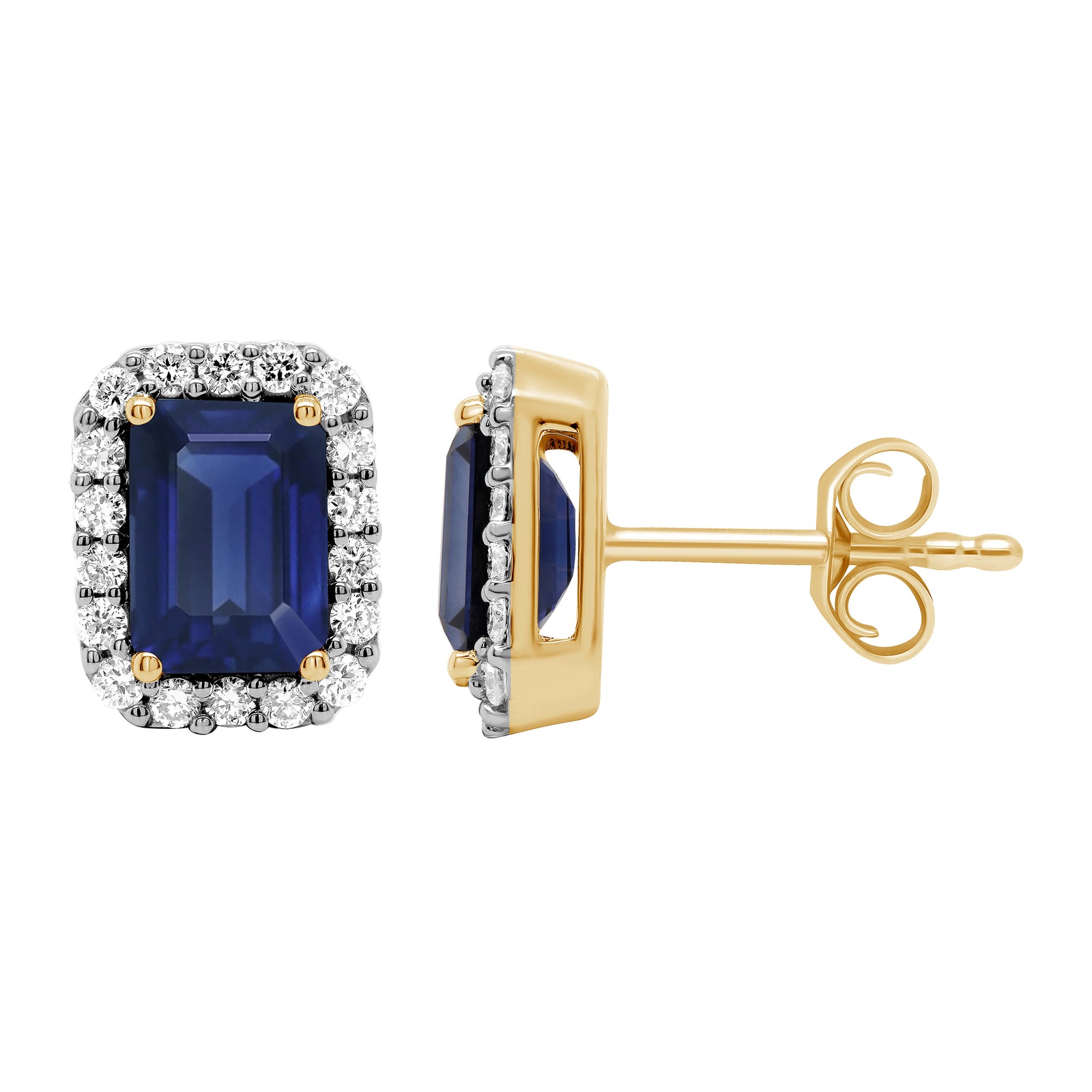 9ct gold 7x5mm Octagonal Lab Created Sapphire & E/VS Diamonds 0.36cts LG Earrings