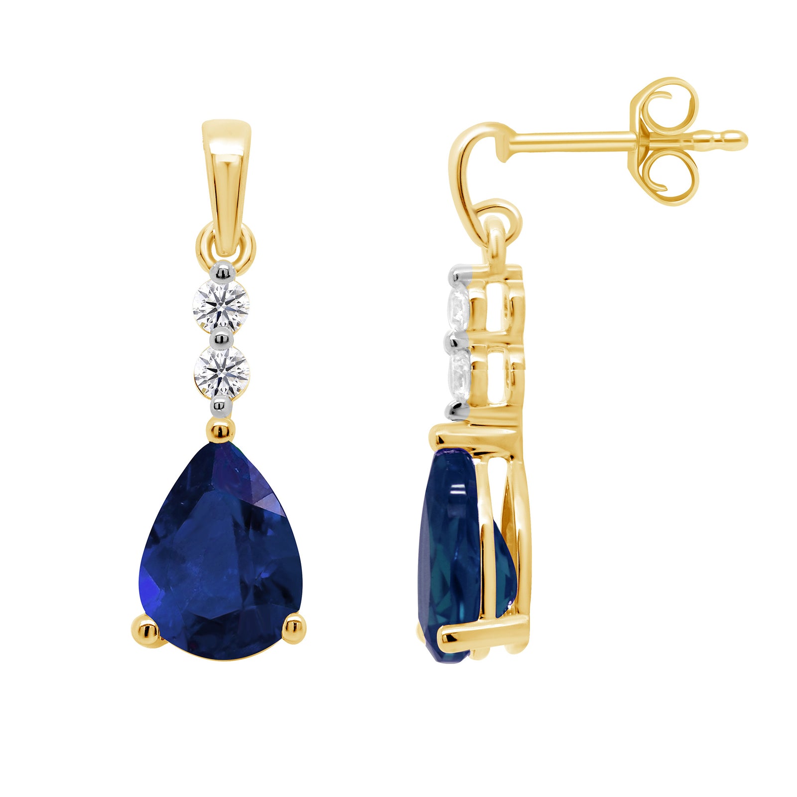 9ct gold 7x5mm Pear Lab Created Sapphire & E/VS Diamond 0.08cts LG Earrings