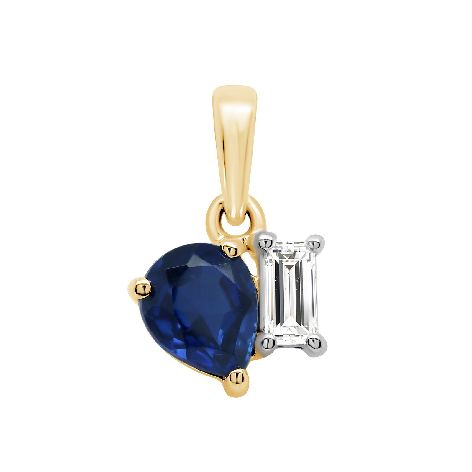 9ct gold 2 Stone Pear Lab Created Sapphire & E/VS Diamond 0.07cts LG Pendant
