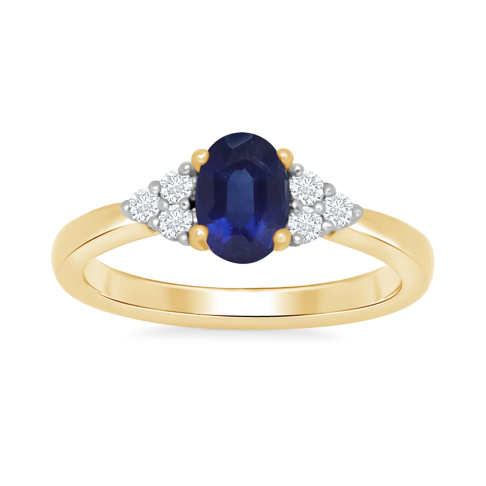 9ct gold 7x5 oval lab created sapphire & 3 E/VS diamonds each side ring 0.15cts LG
