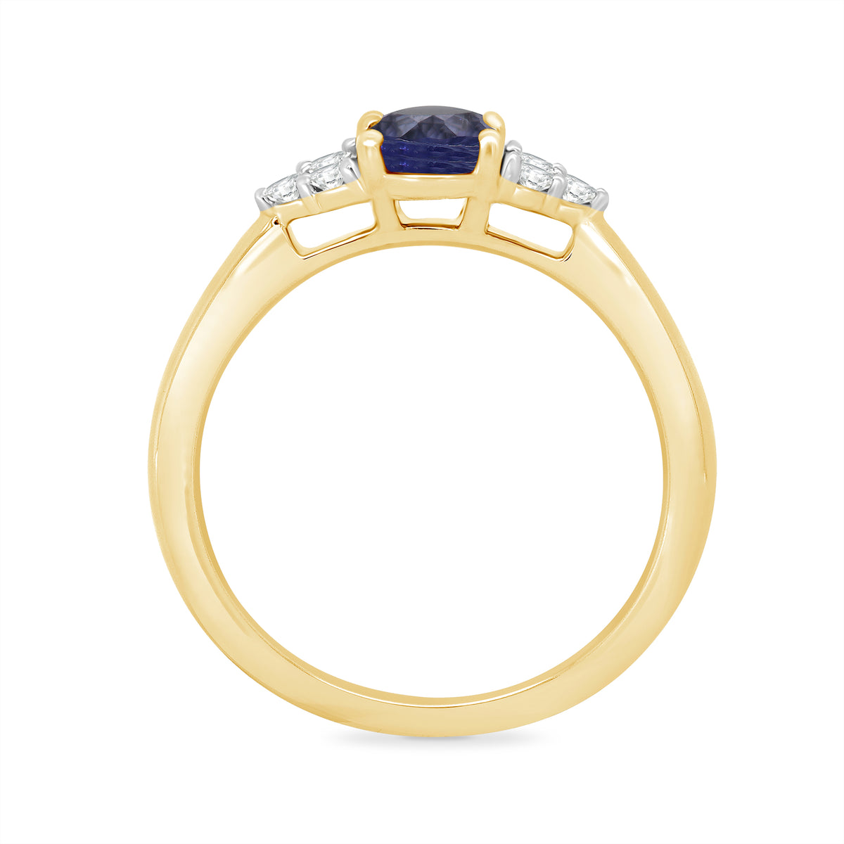 9ct gold 7x5 oval lab created sapphire & 3 E/VS diamonds each side ring 0.15cts LG