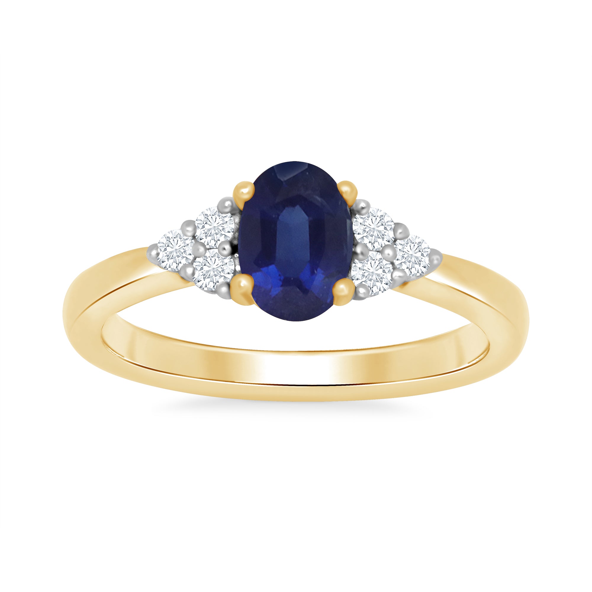 9ct gold 7x5 oval lab created sapphire & 3 E/VS diamonds each side ring 0.15cts LG