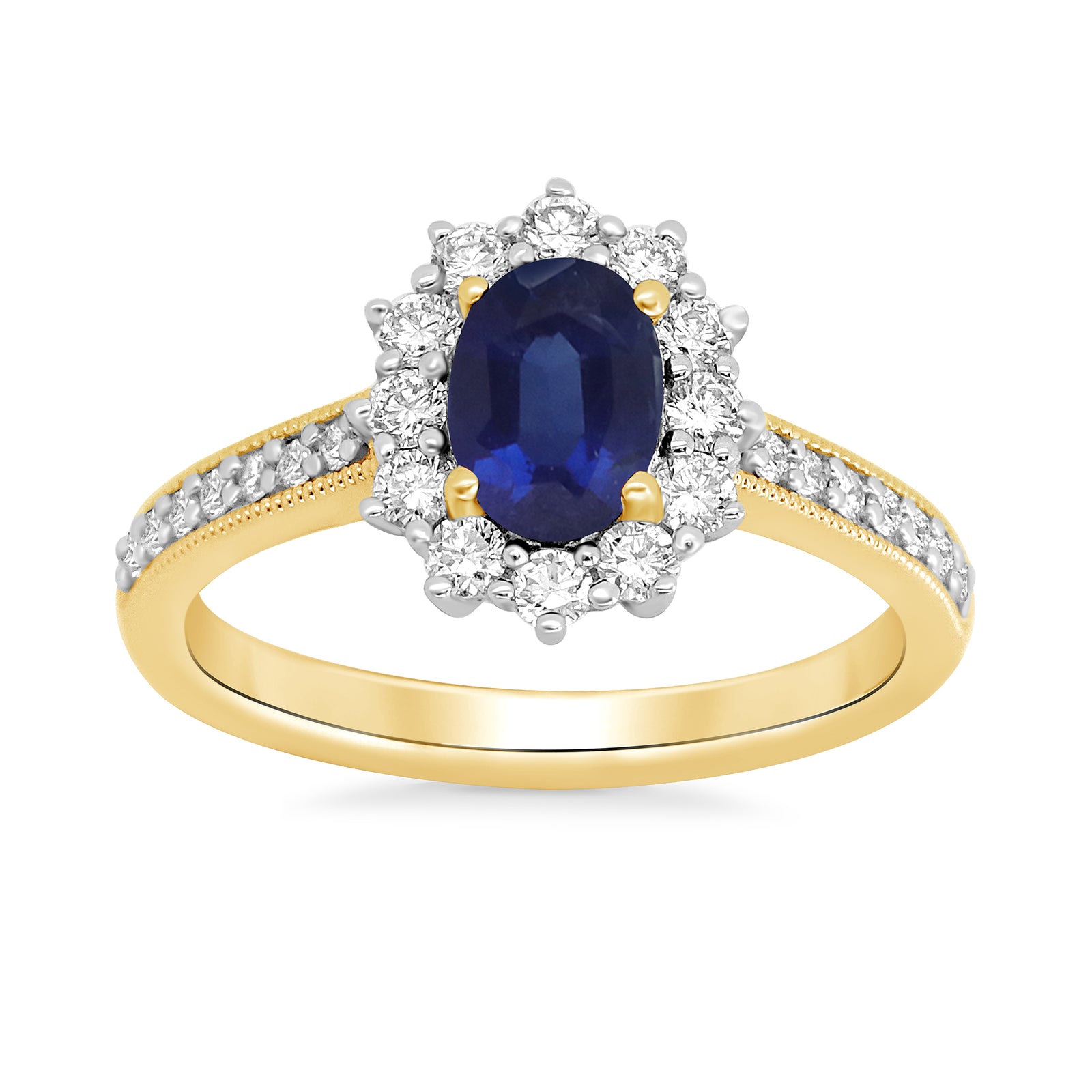 9ct gold 7x5 oval lab created sapphire & E/VS diamond shoulders cluster ring 0.50cts LG