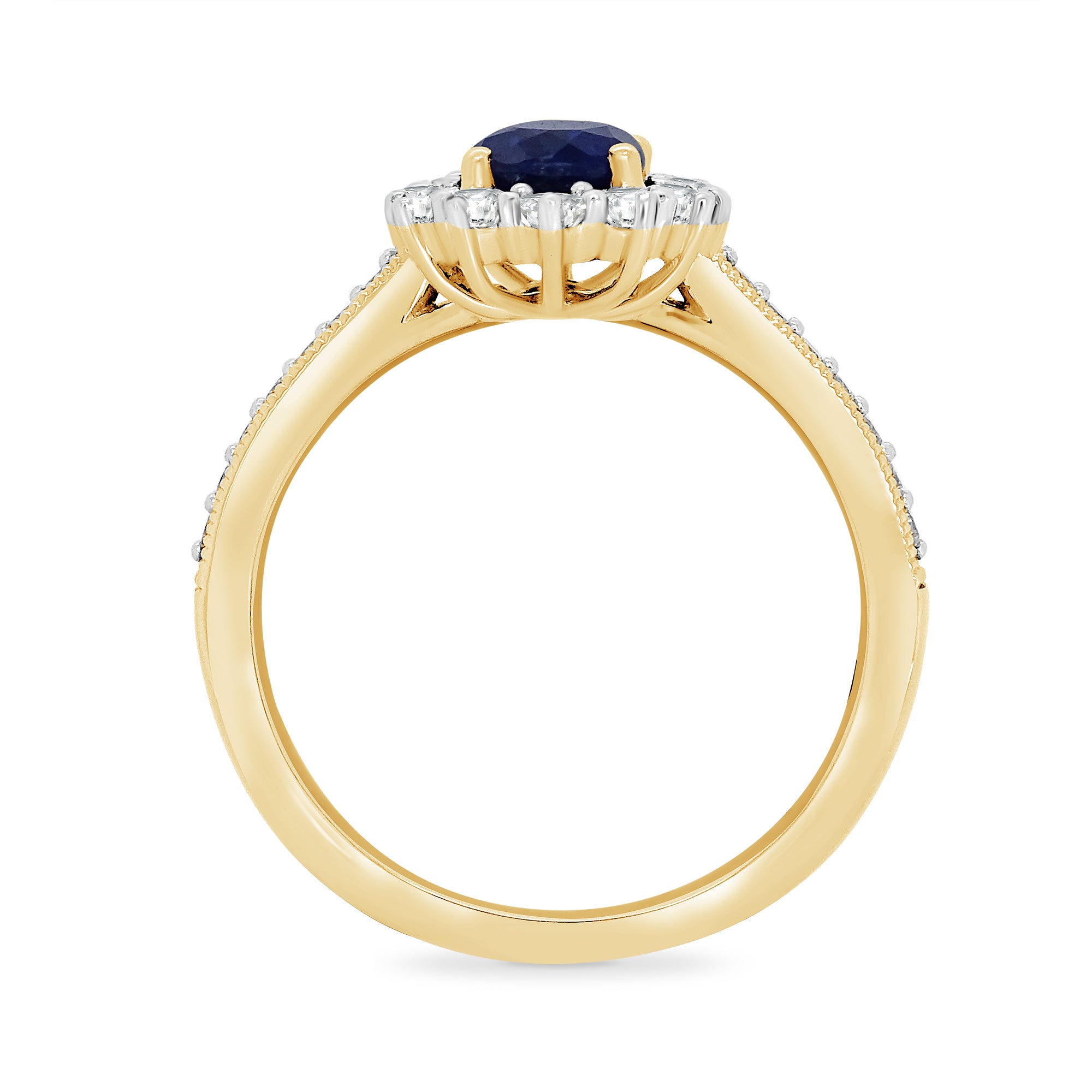 9ct gold 7x5 oval lab created sapphire & E/VS diamond shoulders cluster ring 0.50cts LG