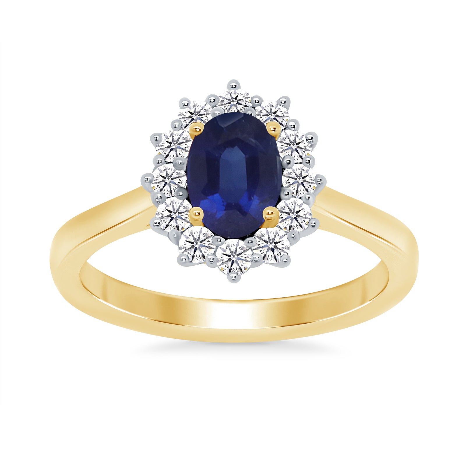 9ct gold 7x5 oval lab created sapphire & E/VS diamond cluster ring 0.33cts LG