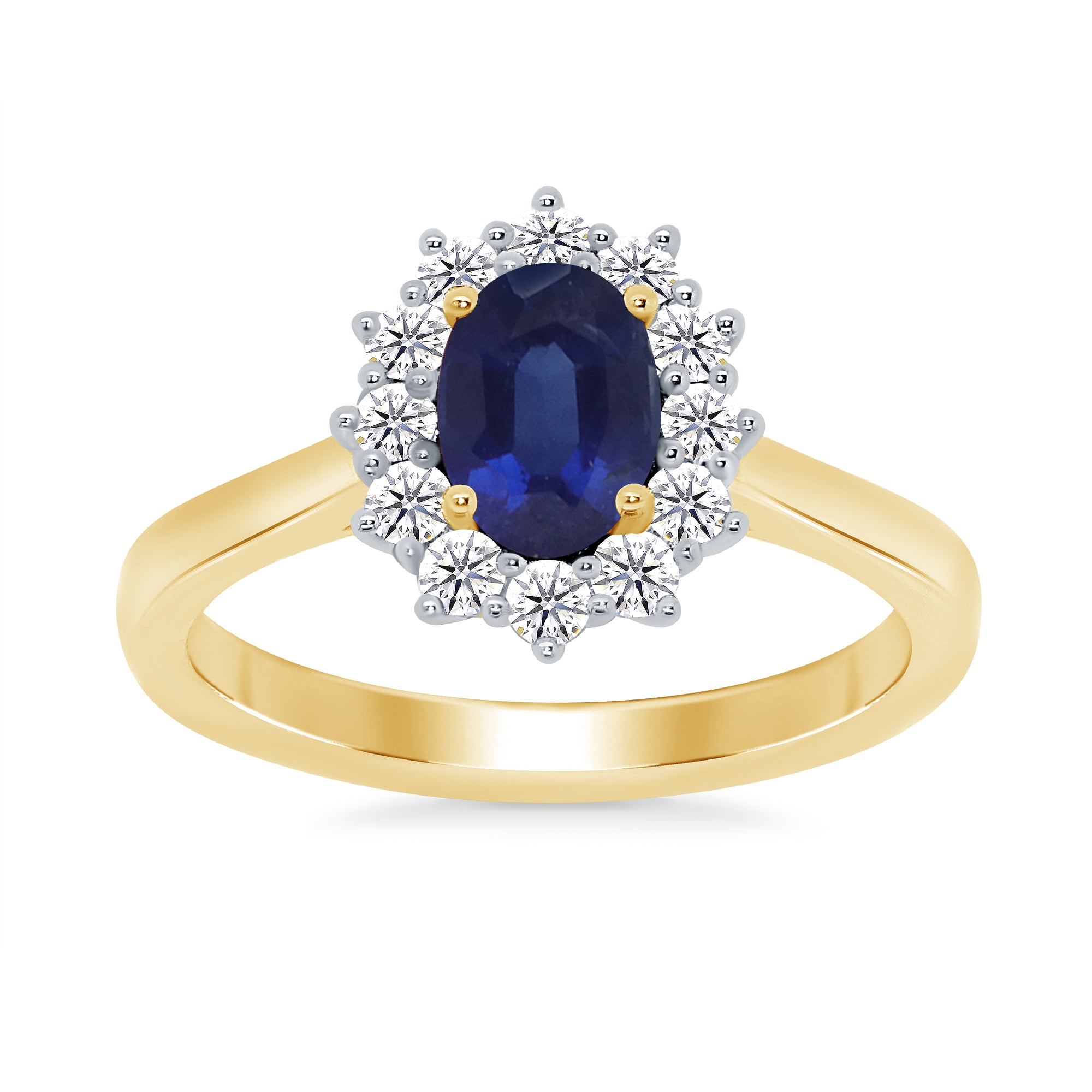 9ct gold 7x5 oval lab created sapphire & E/VS diamond cluster ring 0.33cts LG