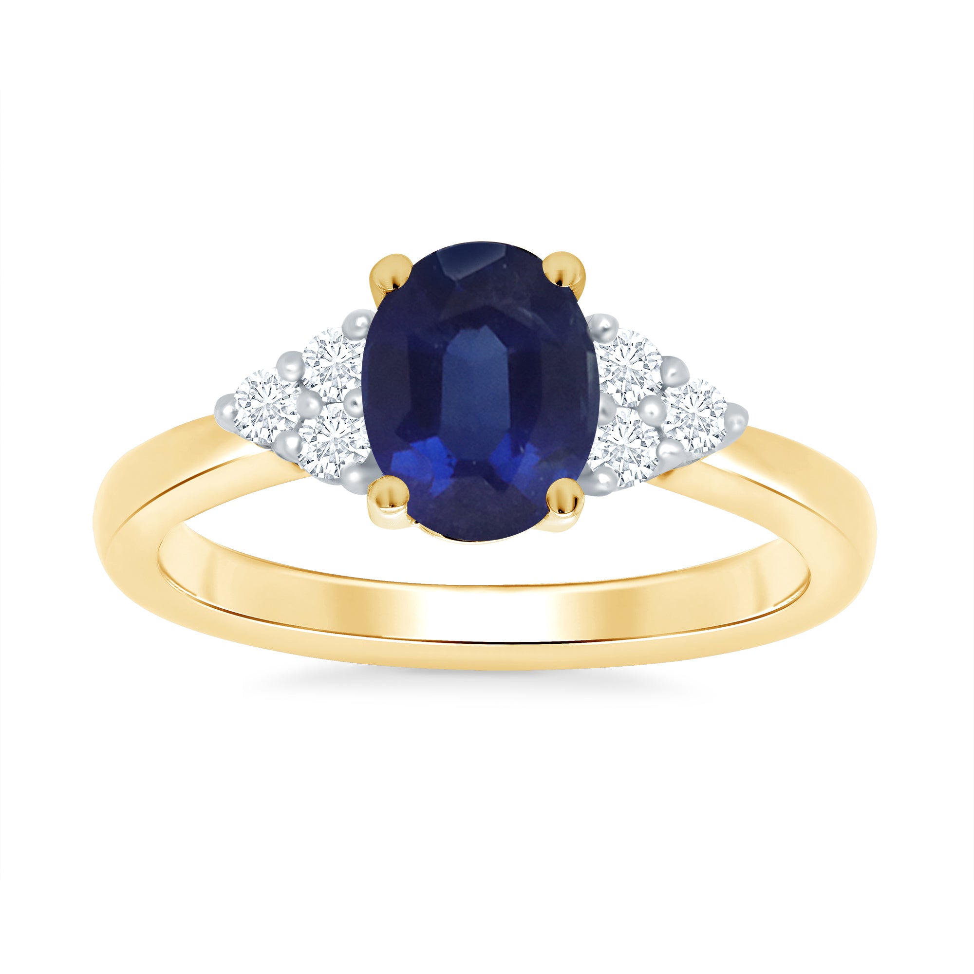 9ct gold 8x6 oval lab created sapphire & 3 E/VS diamonds each side ring 0.15cts LG