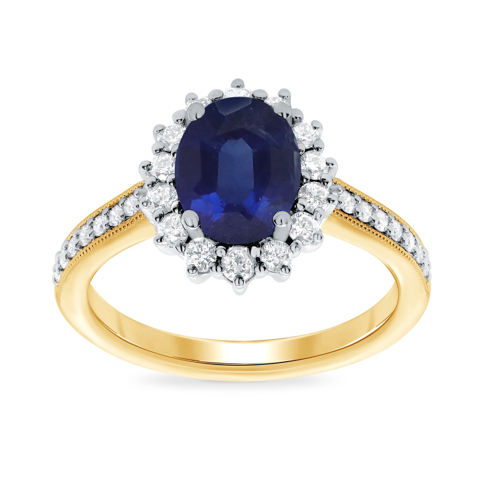 9ct gold 8x6 oval lab created sapphire & E/VS diamond shoulders cluster ring 0.50cts LG