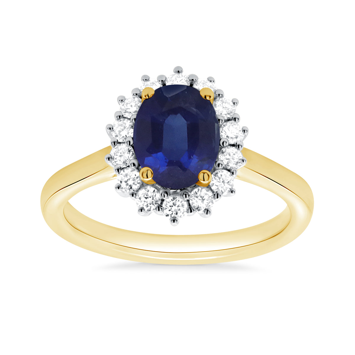 9ct gold 8x6 oval lab created sapphire &amp; E/VS diamond cluster ring 0.36cts LG