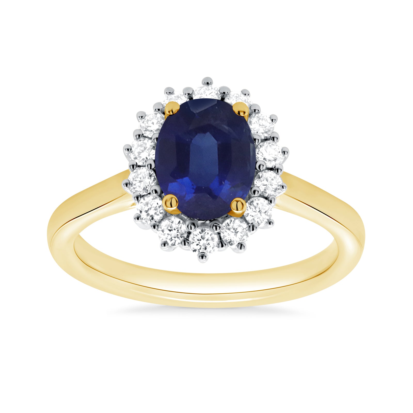 9ct gold 8x6 oval lab created sapphire & E/VS diamond cluster ring 0.36cts LG