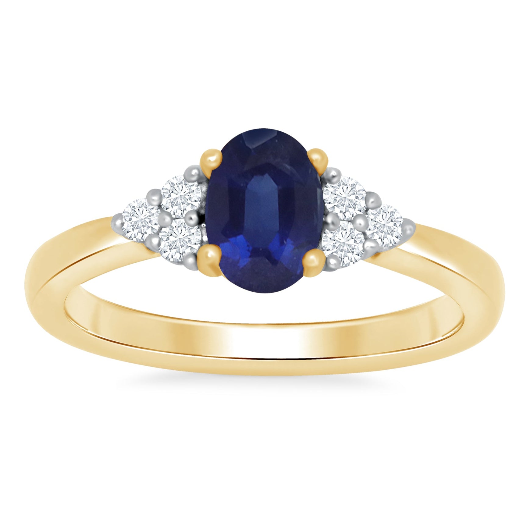 9ct gold 9x7 oval lab created sapphire & 3 E/VS diamonds each side ring 0.15cts LG