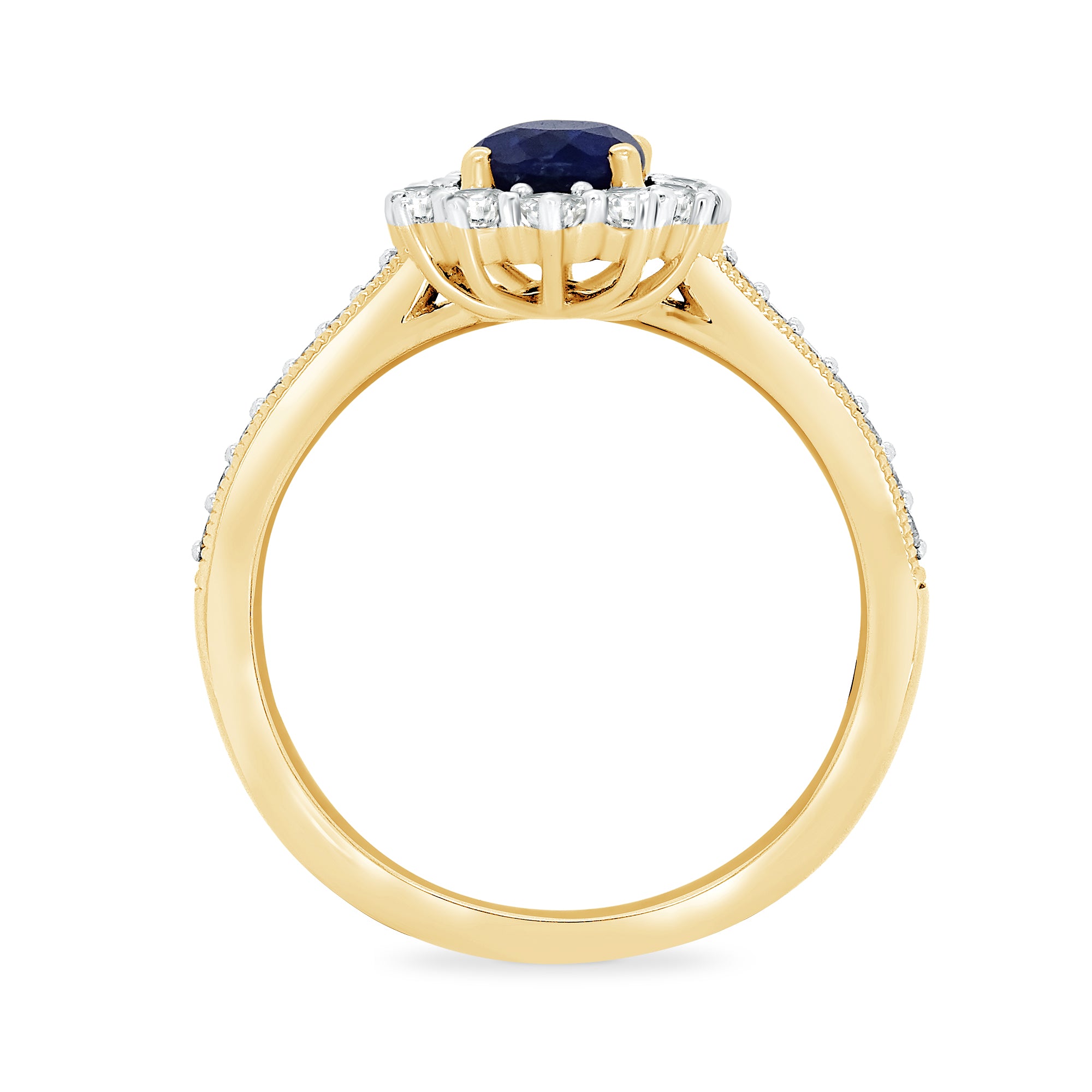 9ct gold 9x7 oval lab created sapphire & E/VS diamond shoulders cluster ring 0.50cts LG