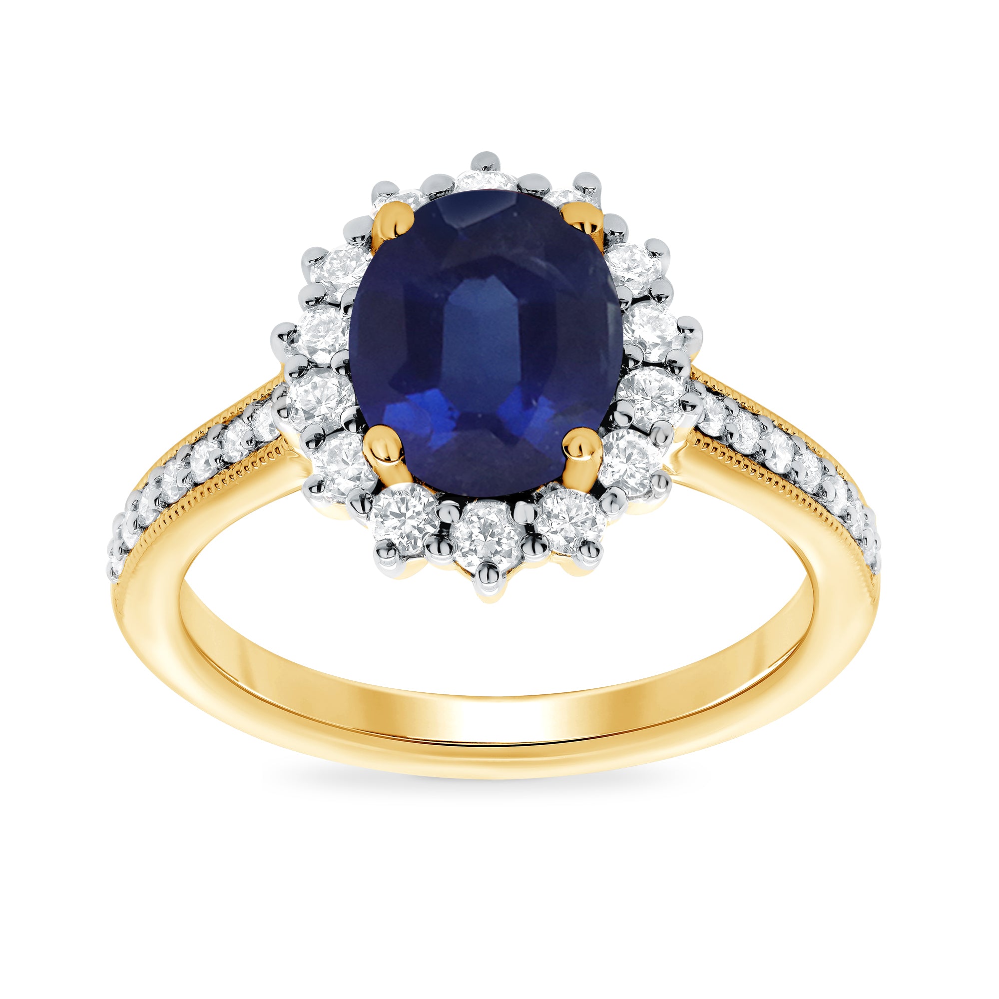 9ct gold 9x7 oval lab created sapphire & E/VS diamond shoulders cluster ring 0.50cts LG
