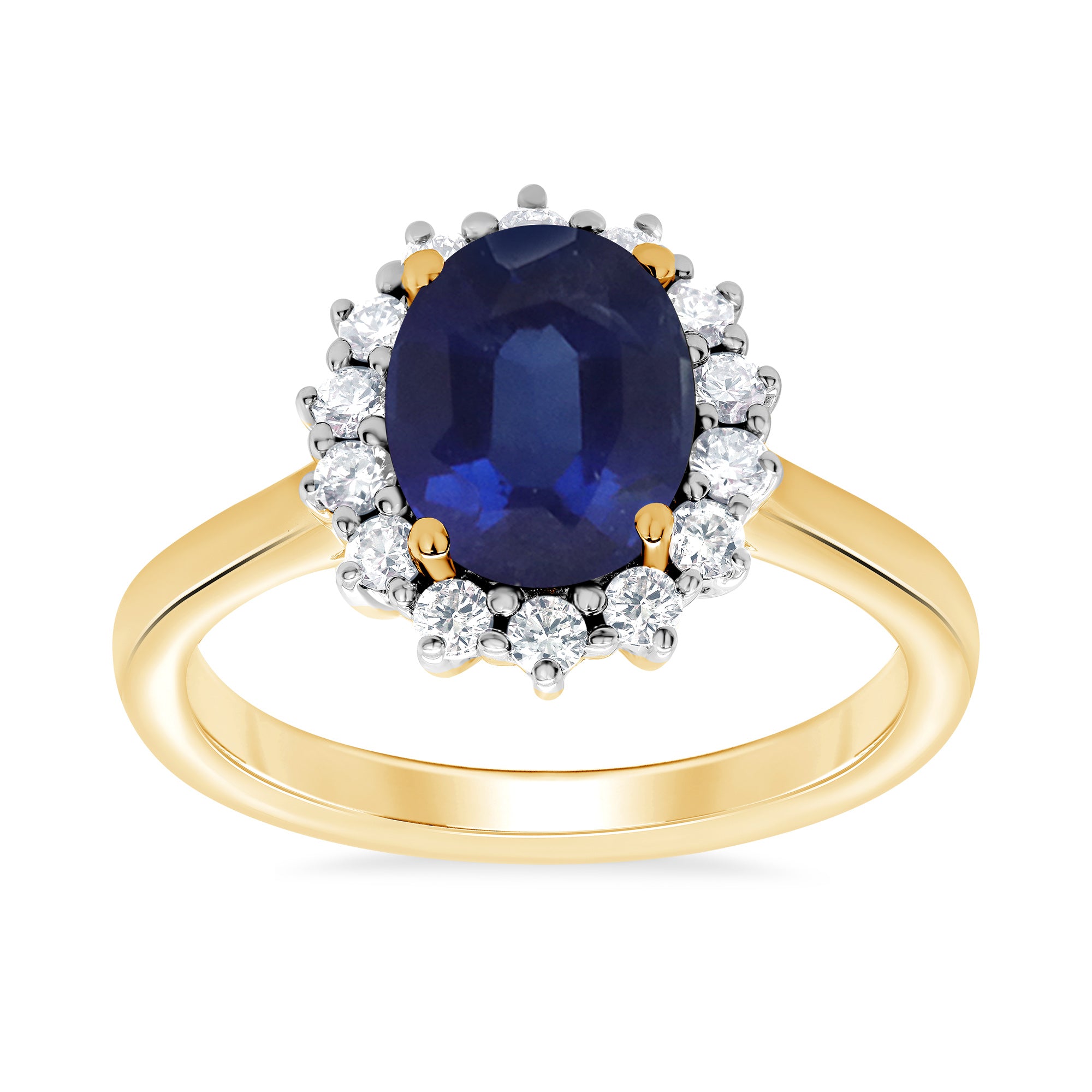 9ct gold 9x7 oval lab created sapphire & E/VS diamond cluster ring 0.36cts LG