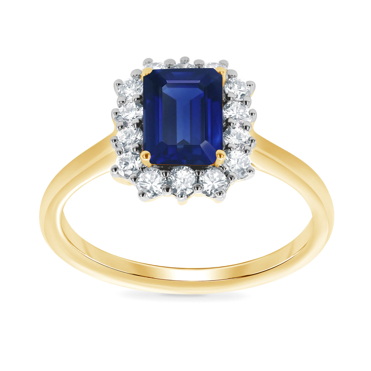 9ct gold 7x5 octagonal lab created sapphire &amp; E/VS diamond cluster ring 0.36cts LG