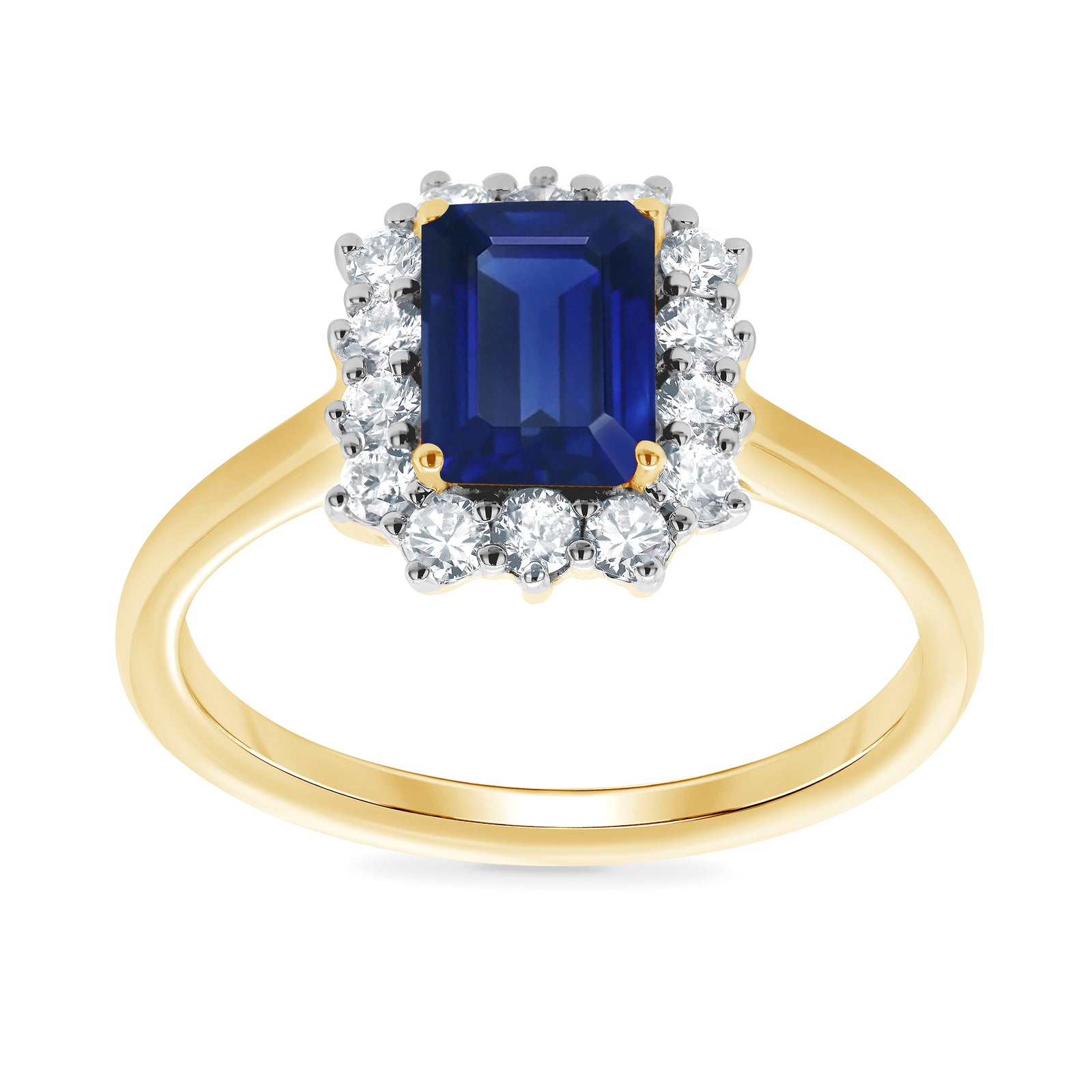9ct gold 7x5 octagonal lab created sapphire & E/VS diamond cluster ring 0.36cts LG