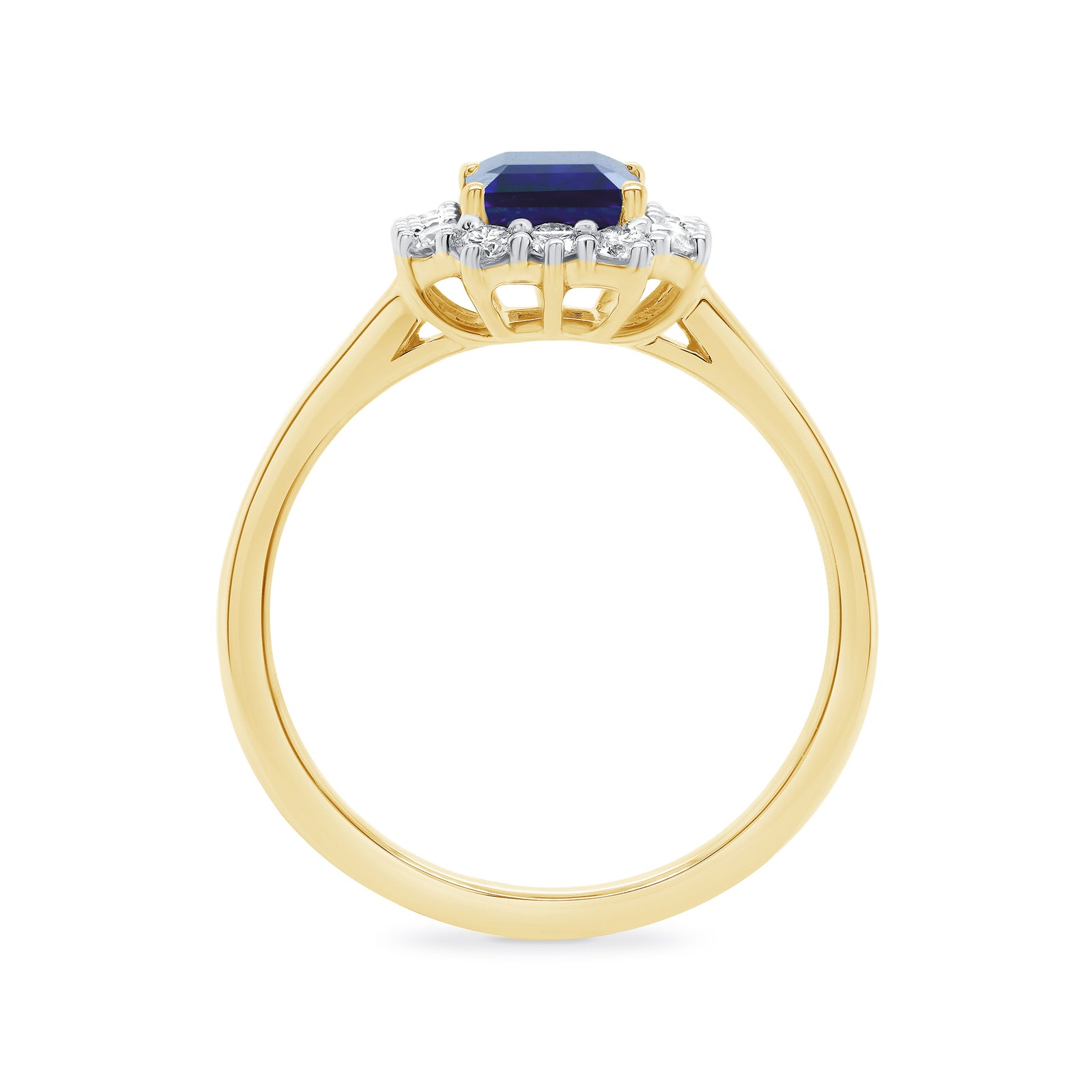 9ct gold 7x5 octagonal lab created sapphire & E/VS diamond cluster ring 0.36cts LG