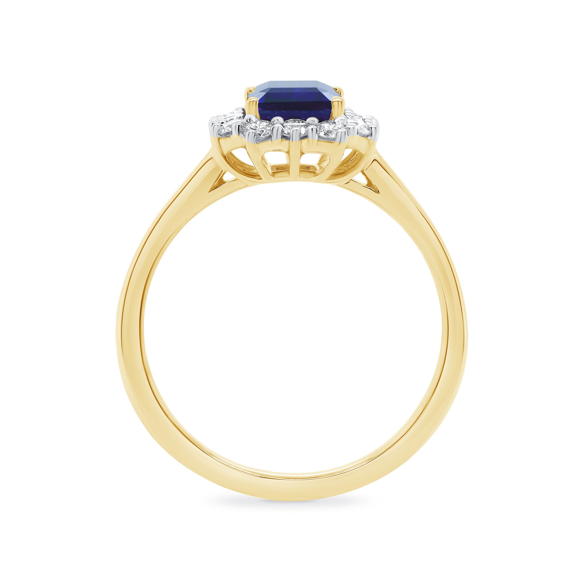 9ct gold 7x5 octagonal lab created sapphire & E/VS diamond cluster ring 0.36cts LG