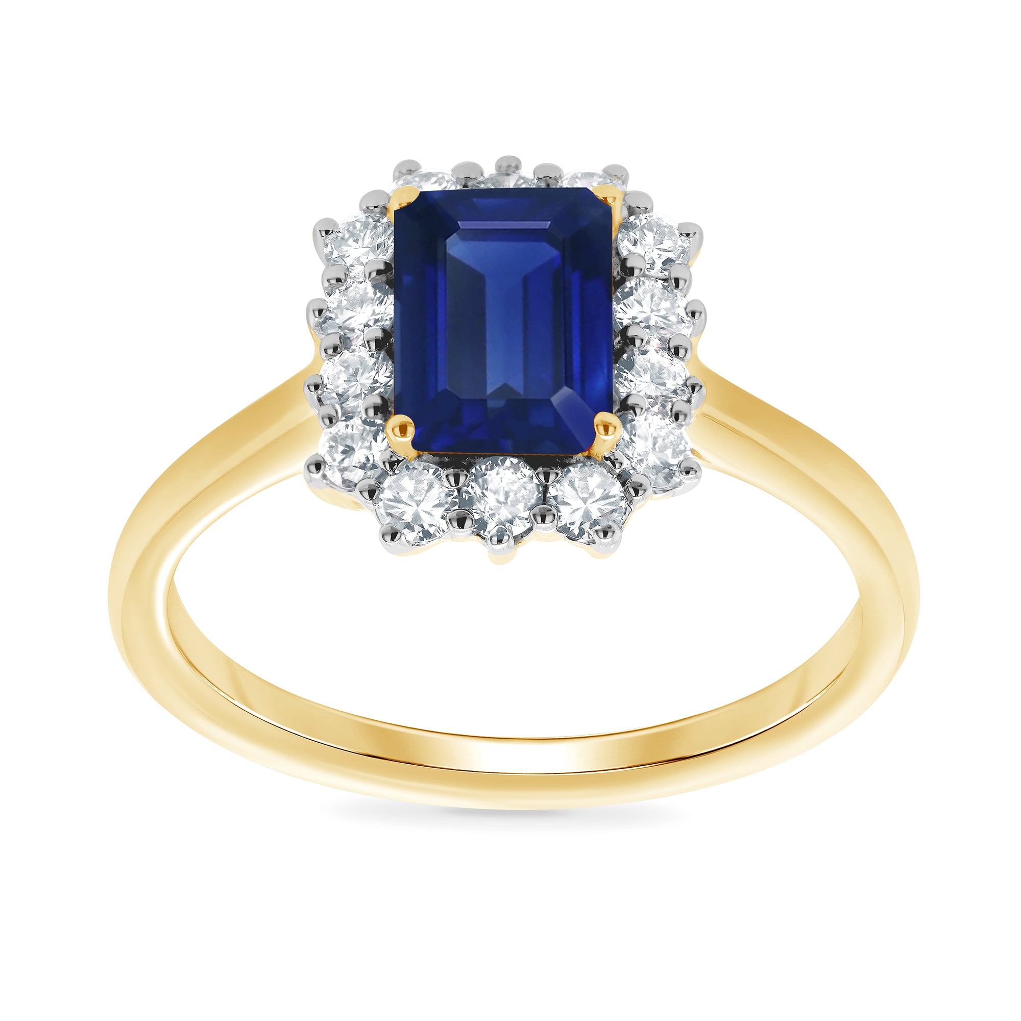 9ct gold 7x5 octagonal lab created sapphire & E/VS diamond cluster ring 0.36cts LG