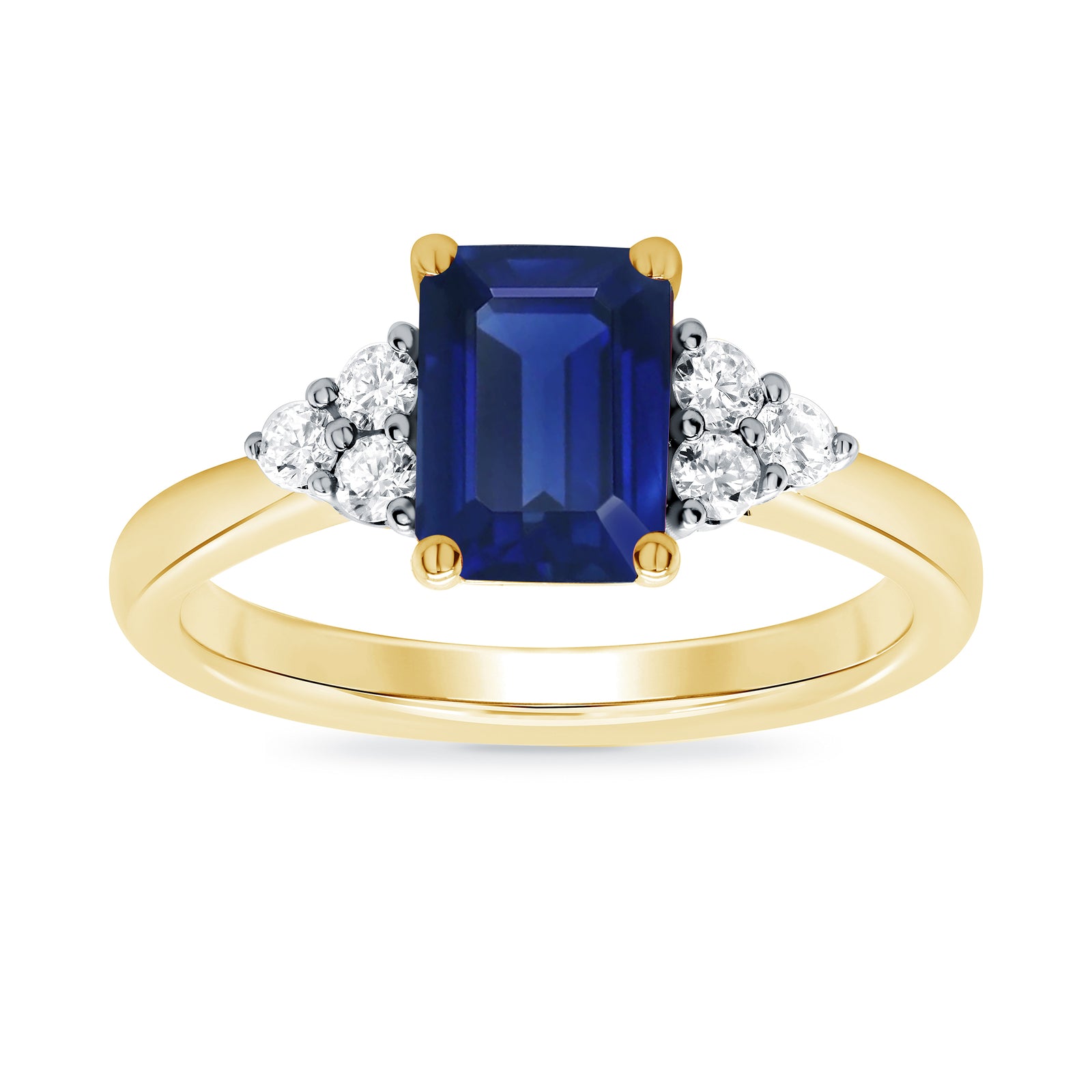 9ct gold 8x6 octagonal lab created sapphire & 3 E/VS diamonds each side ring 0.15cts LG