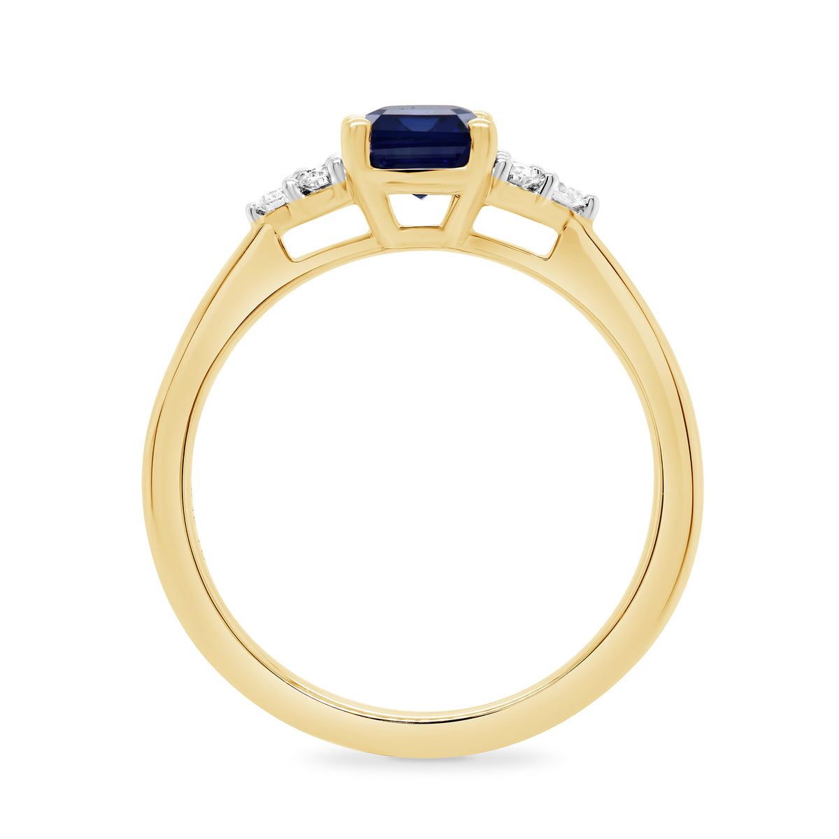 9ct gold 8x6 octagonal lab created sapphire & 3 E/VS diamonds each side ring 0.15cts LG