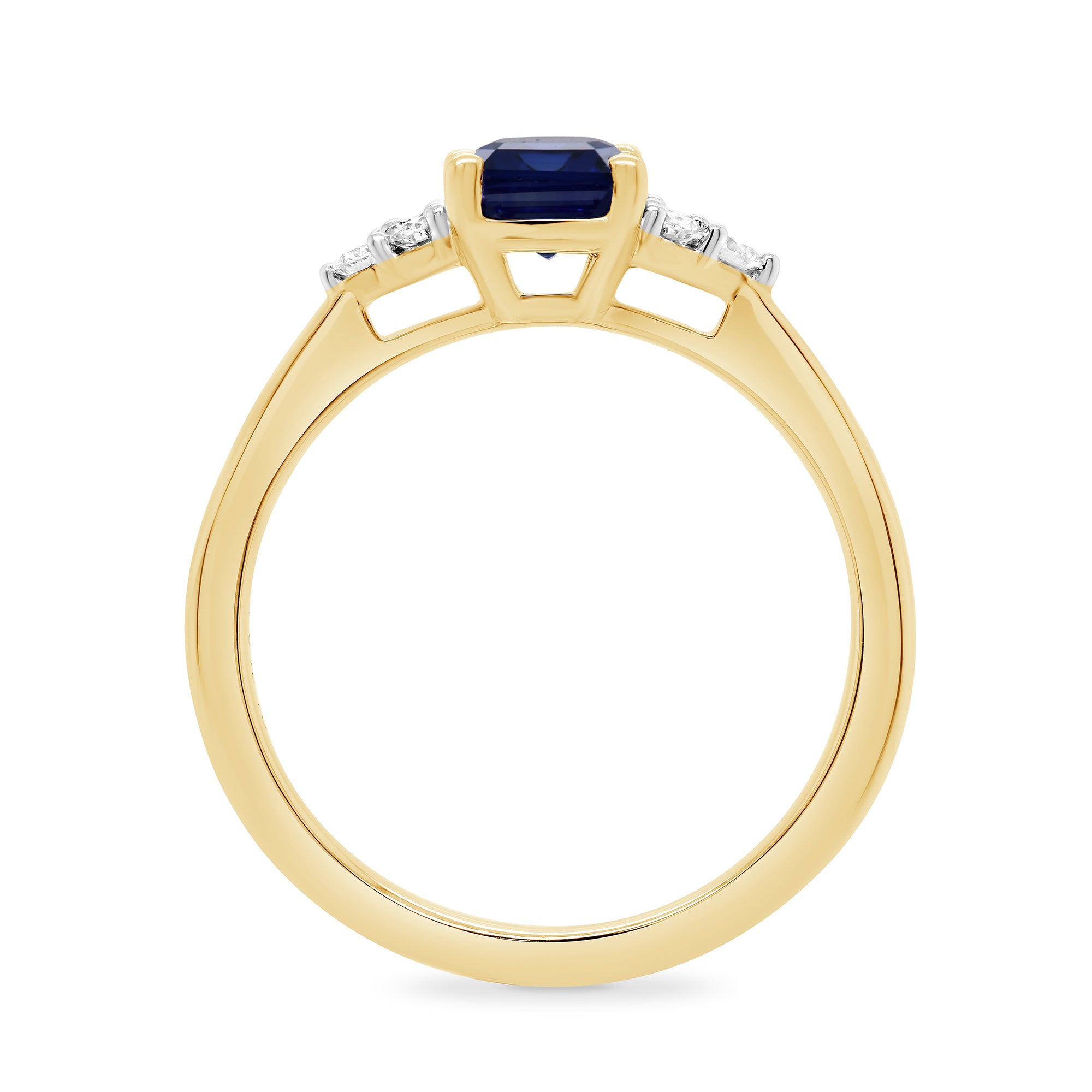 9ct gold 8x6 octagonal lab created sapphire & 3 E/VS diamonds each side ring 0.15cts LG