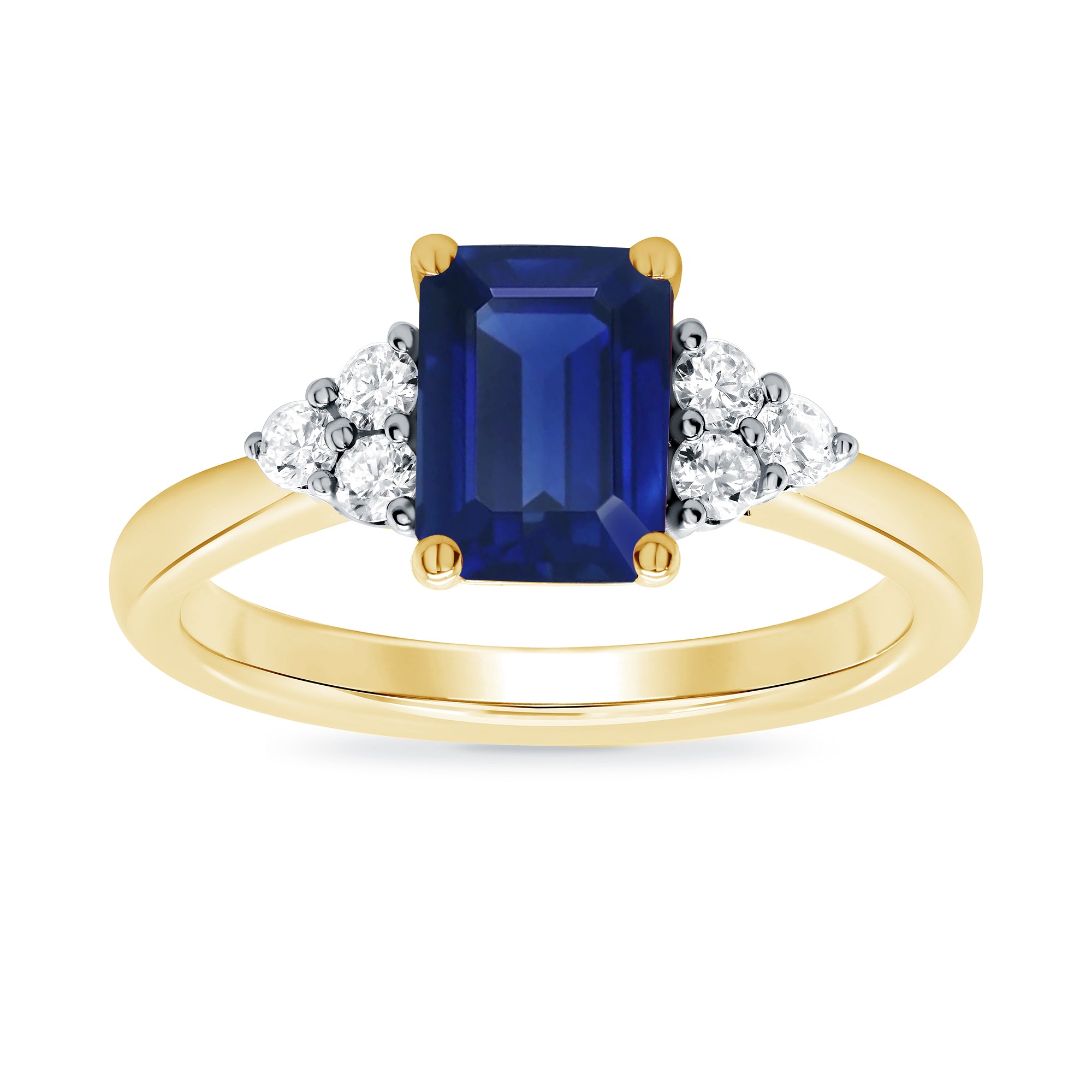 9ct gold 8x6 octagonal lab created sapphire & 3 E/VS diamonds each side ring 0.15cts LG