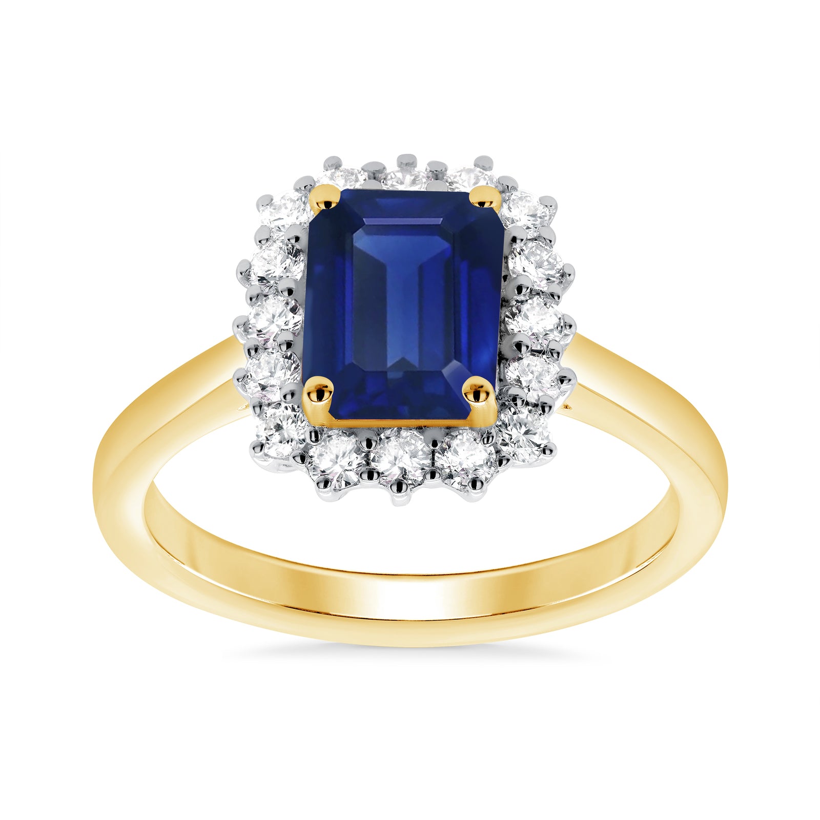 9ct gold 8x6 octagonal lab created sapphire & E/VS diamond cluster ring 0.40cts LG