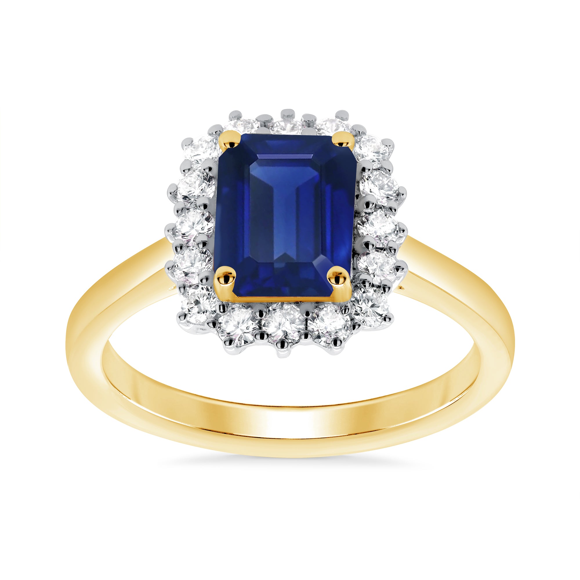 9ct gold 8x6 octagonal lab created sapphire & E/VS diamond cluster ring 0.40cts LG
