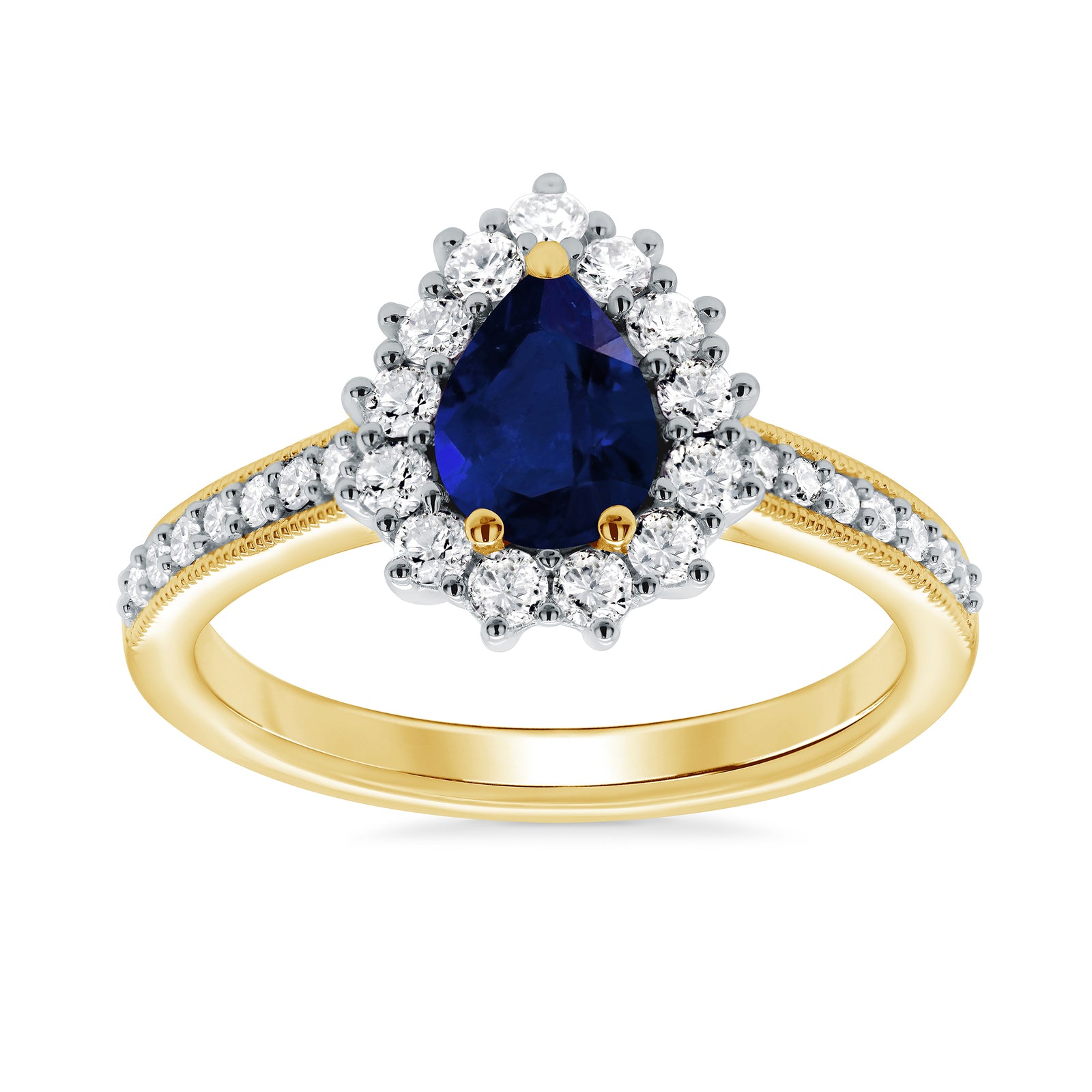 9ct gold 7x5 pear lab created sapphire & E/VS diamond shoulders cluster ring 0.50cts LG