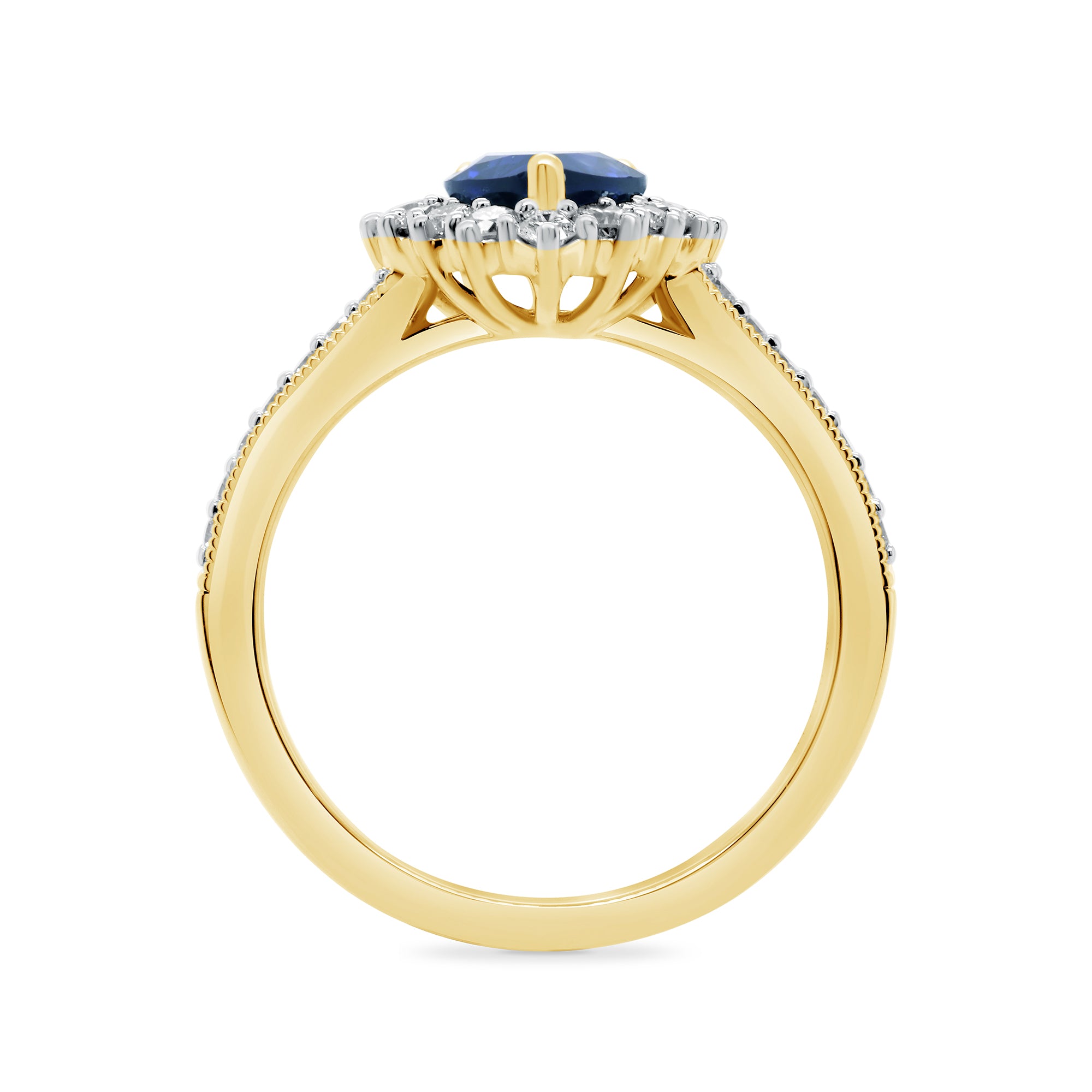 9ct gold 7x5 pear lab created sapphire & E/VS diamond shoulders cluster ring 0.50cts LG