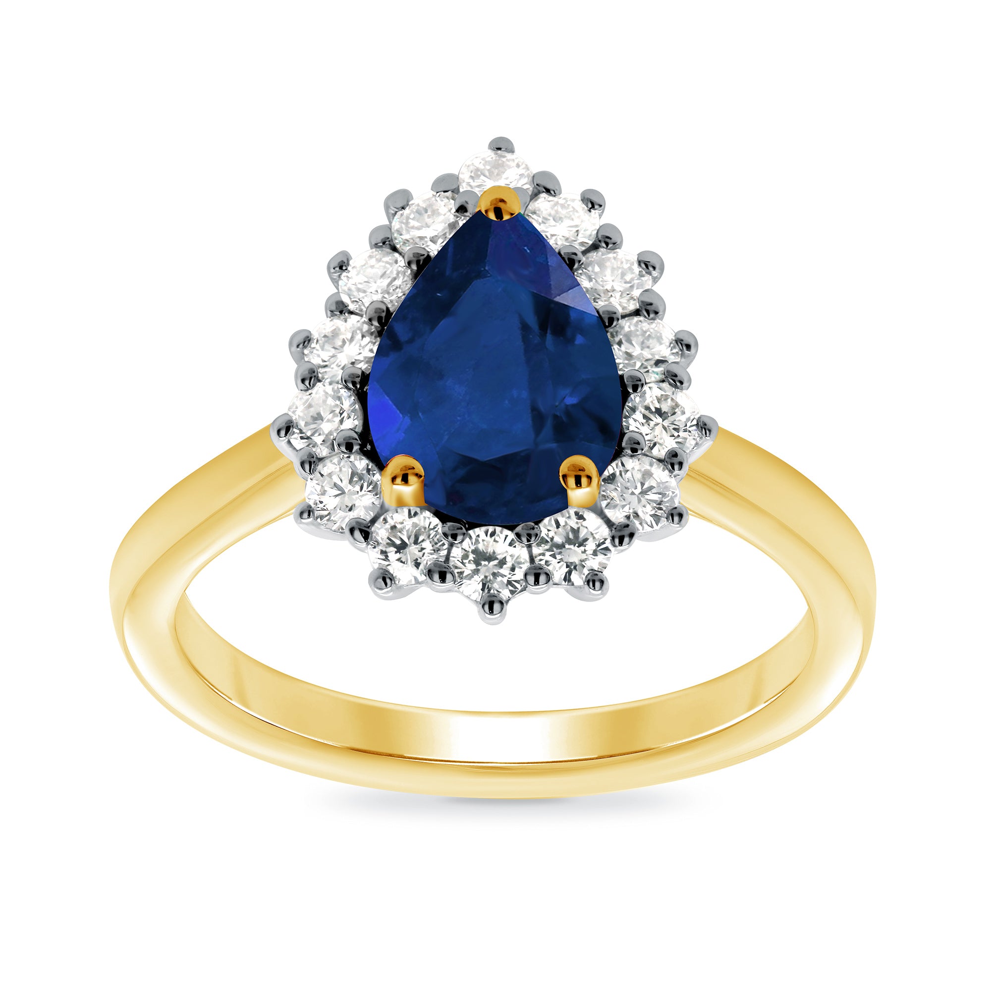 9ct gold 8x6 pear lab created sapphire & E/VS diamond cluster ring 0.36cts LG