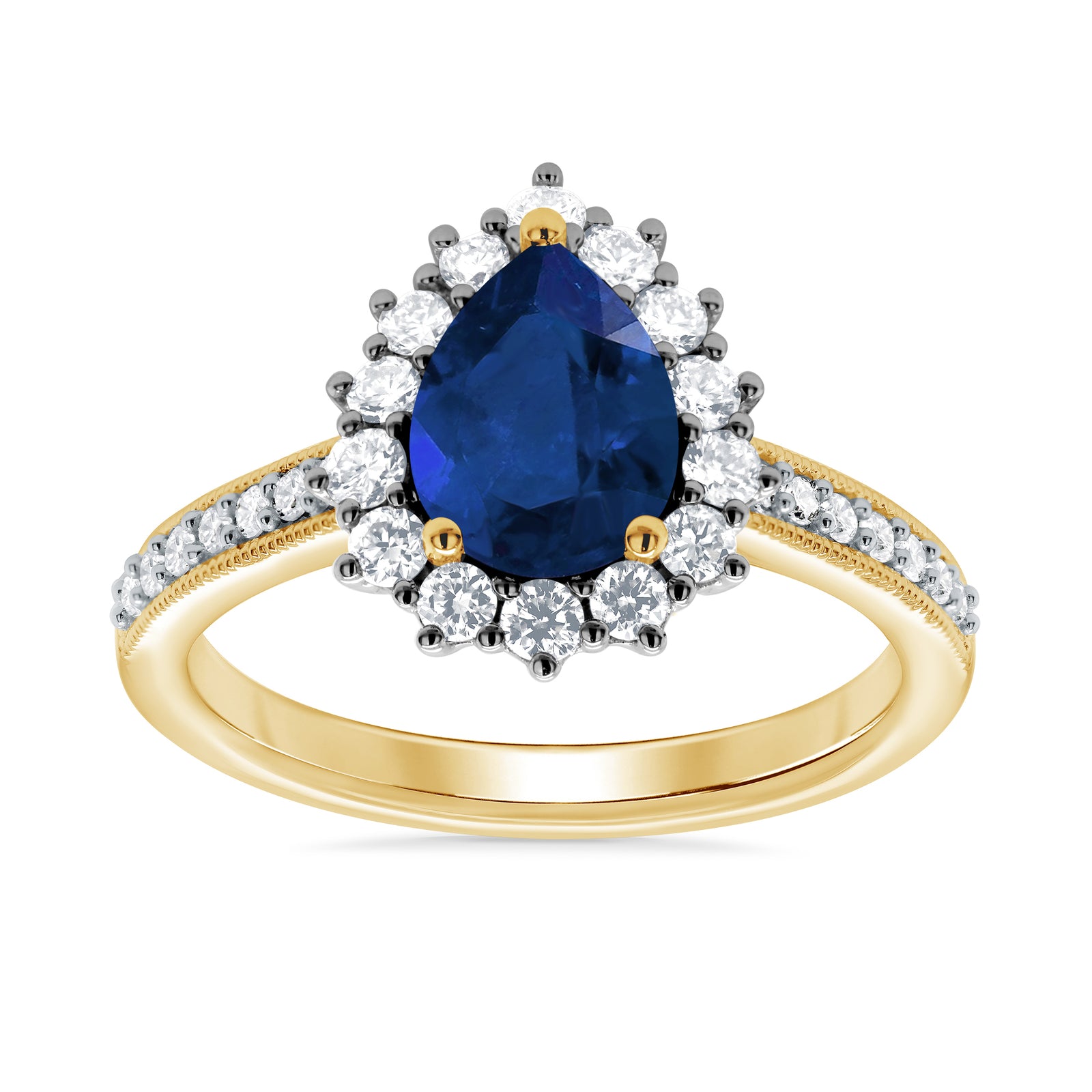 9ct gold 8x6 pear lab created sapphire & E/VS diamond shoulders cluster ring 0.50cts LG