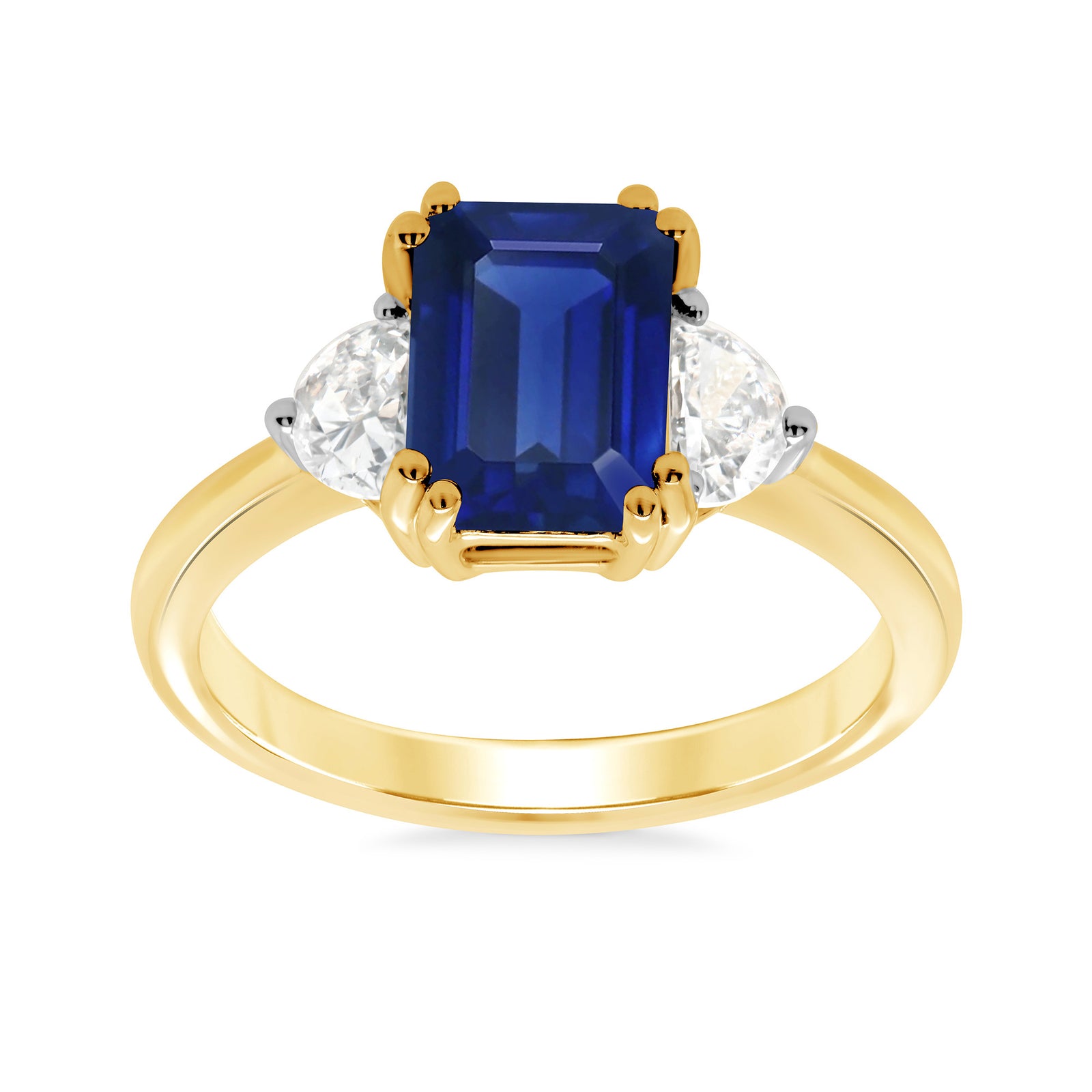 9ct gold 8.5 x 6.3mm octagonal lab created sapphire & E/VS half moon diamonds ring 0.60cts LG