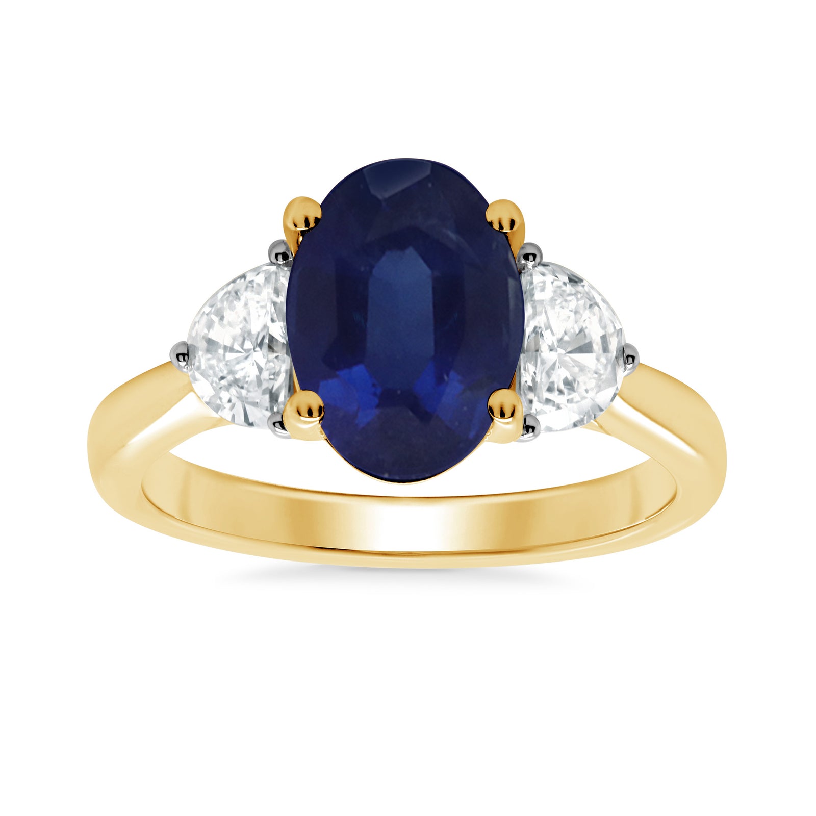 9ct gold 10.8 x 7.4mm oval lab created sapphire & E/VS half moon diamonds ring 0.60cts LG